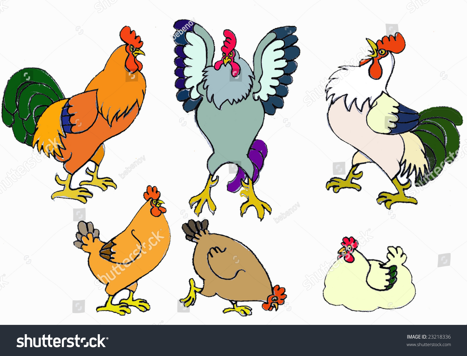 Roosters And Hens On A White Background Stock Photo 23218336 : Shutterstock