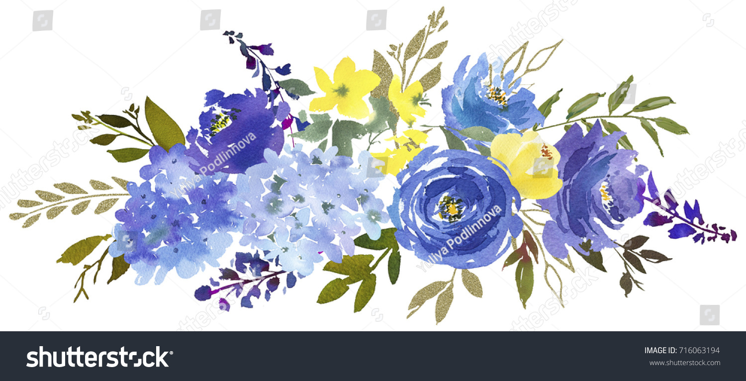 Royal Blue Violet Yellow Watercolor Floral Stock Illustration