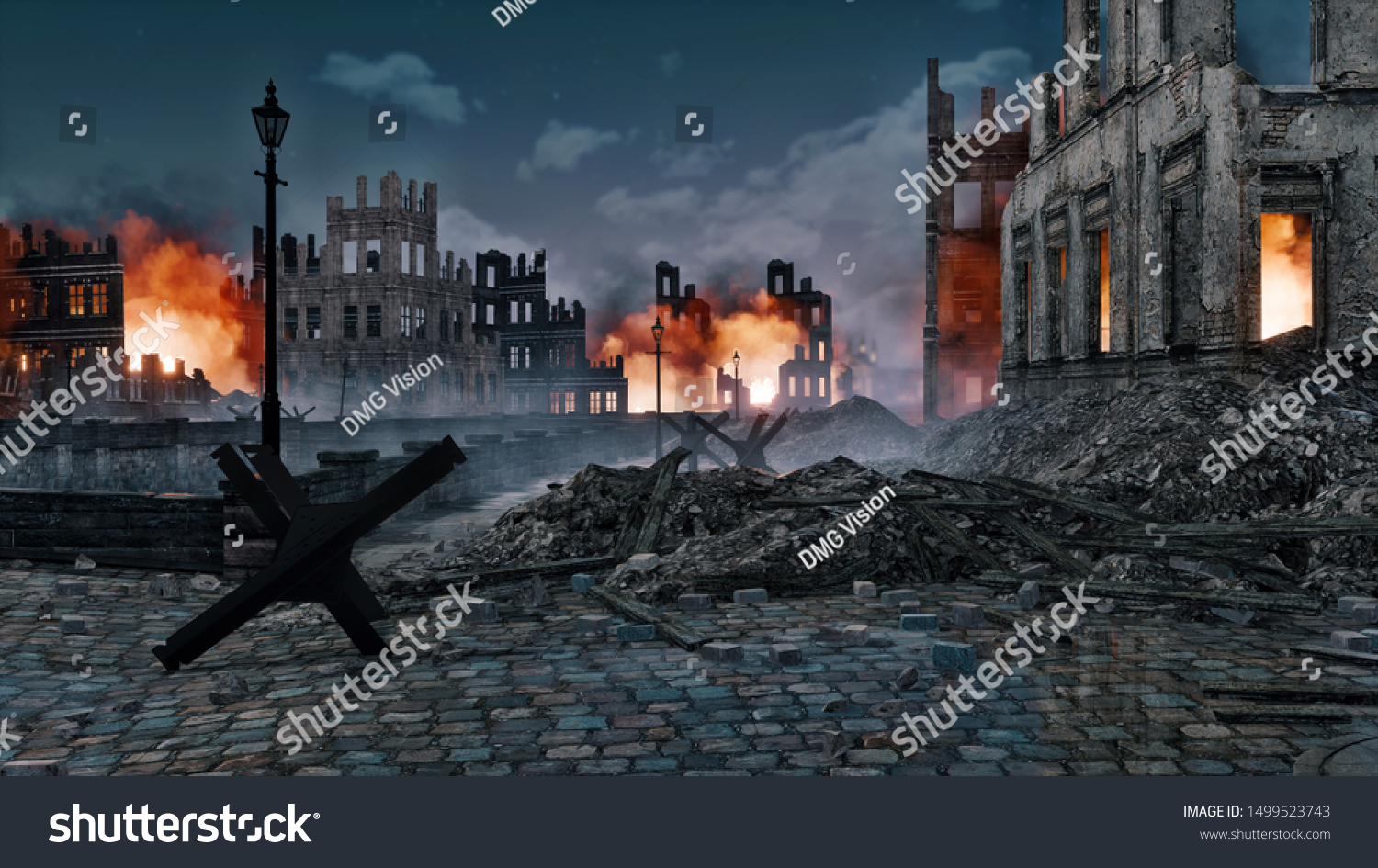 第2次世界大戦後 ヨーロッパの都市が焼けた建物跡や夜に前景に通りのバリケードで爆破され 荒廃した 3dイラストの歴史を持つ人はいません のイラスト素材