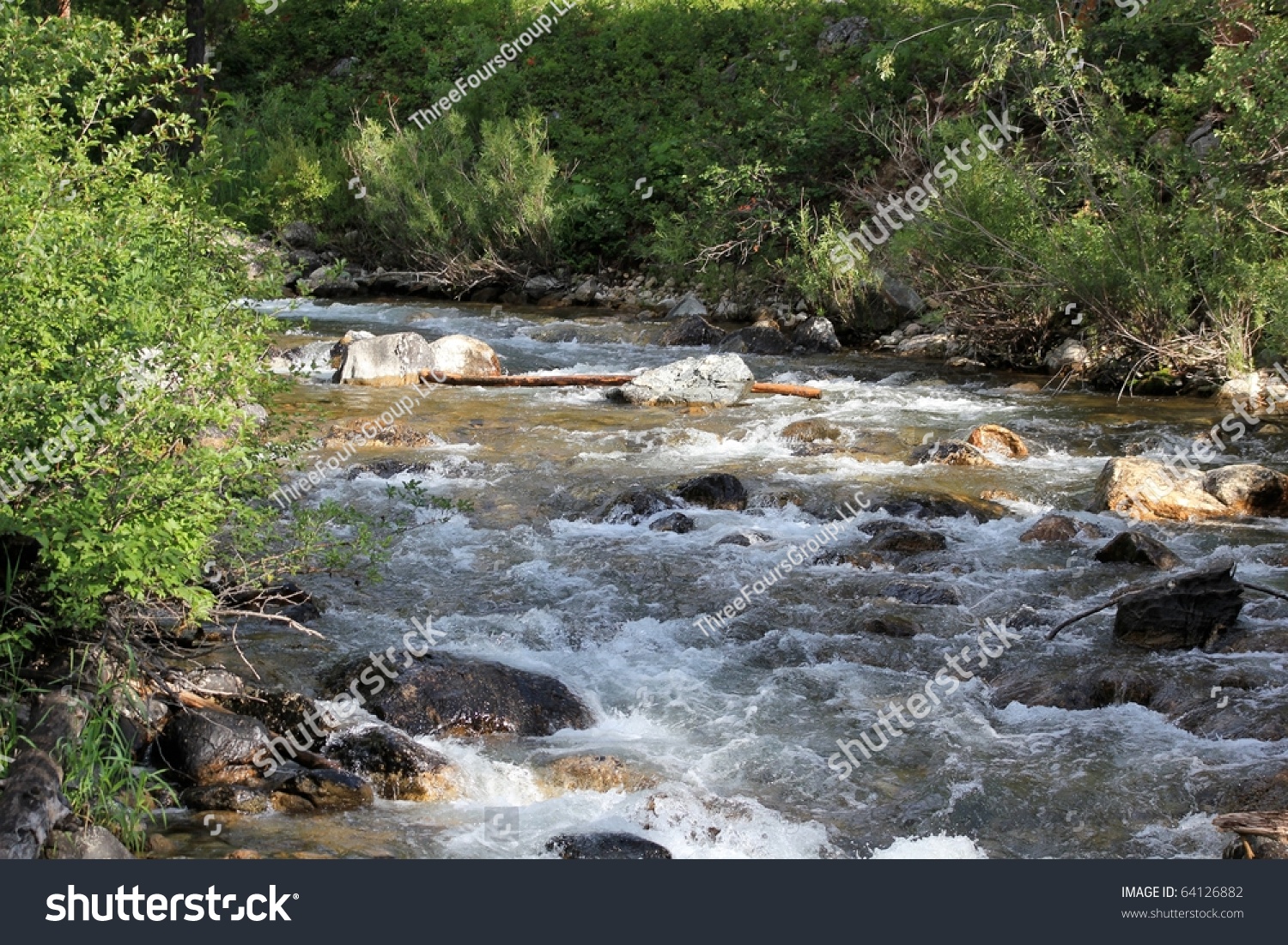 Running Stream With Rocks, Grass, And Bushes Stock Photo 64126882 ...