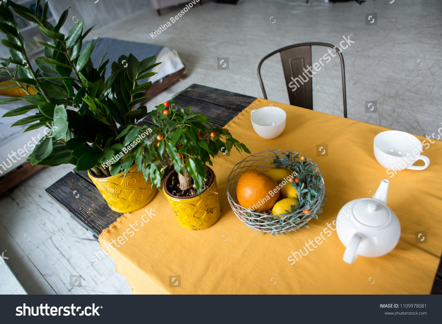 Rustic Dining Room Wooden Table Yellow Stock Photo Edit Now 1109978081