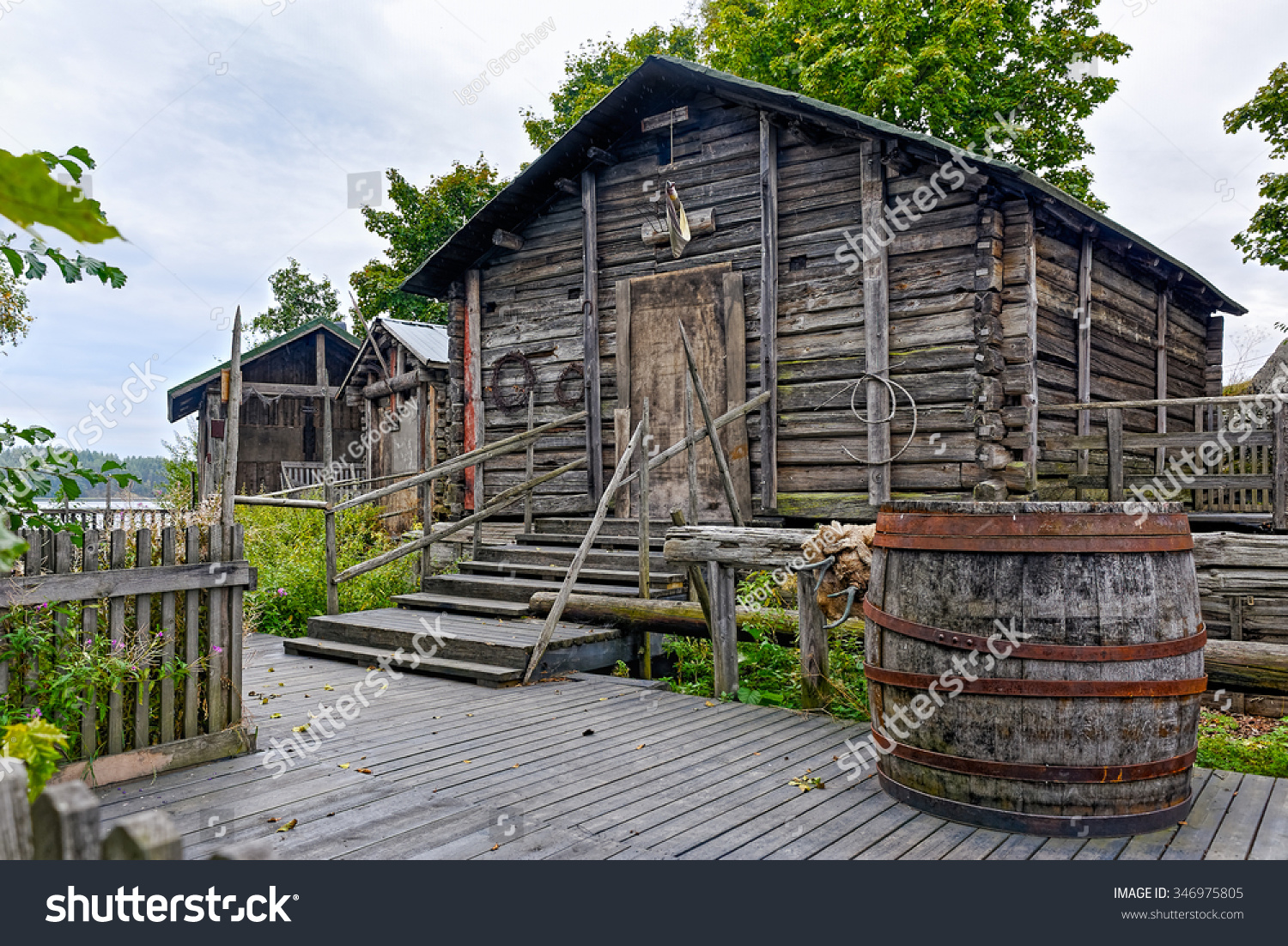 Rustic Old Log Barns Boardwalk Front Royalty Free Stock Image