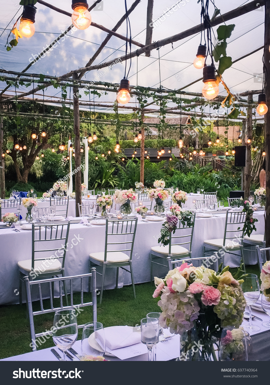 Rustic Outdoor Wedding Reception Table Arrangement Stock Photo