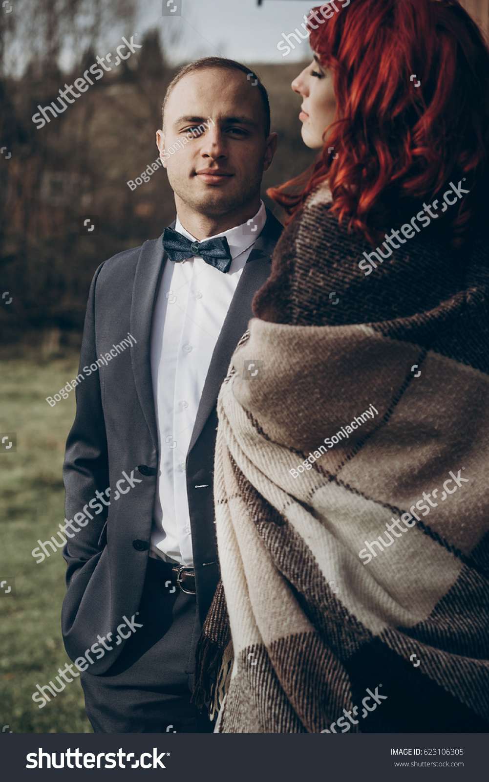 Rustic Wedding Couple Posing Standing Background Stock Photo Edit