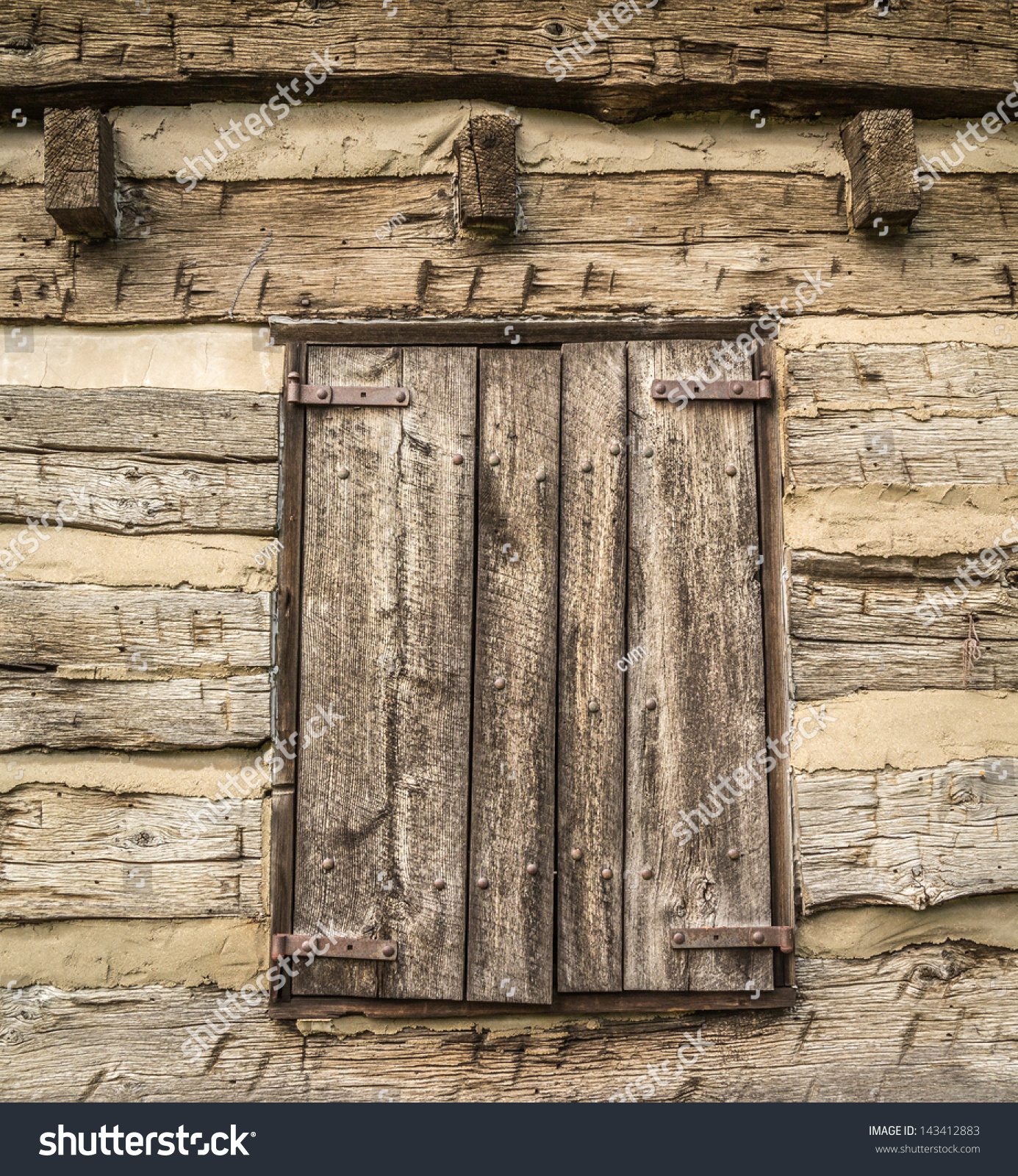 Rustic Wood Shutters On Log Cabin Stock Photo Edit Now 143412883