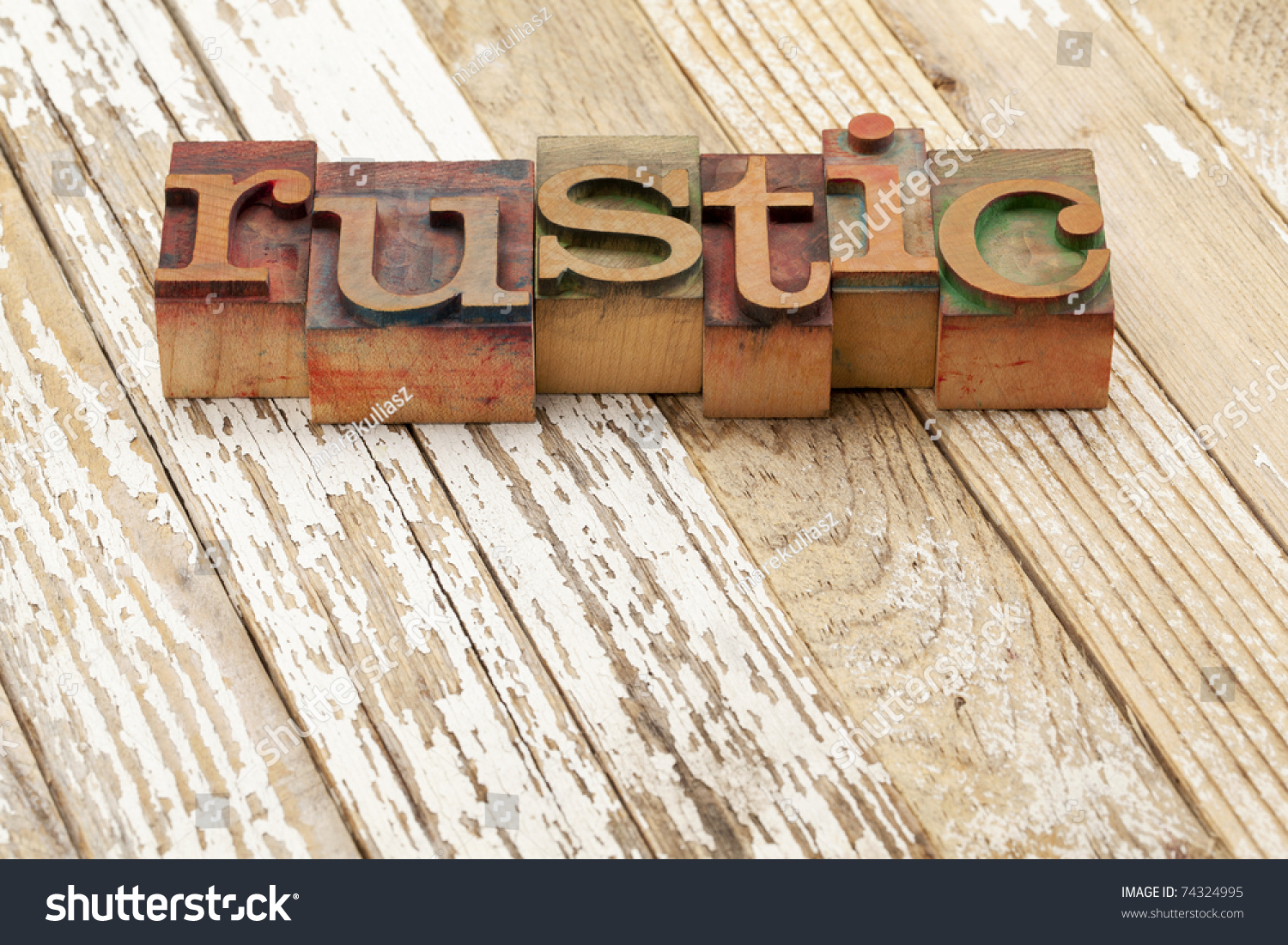 Rustic Word In Vintage Letterpress Printing Blocks Against Old Grunge Wood Surface Painted White Rustic Word In Vintage Letterpress Printing Blocks Against Old Grunge Wood Surface Painted White