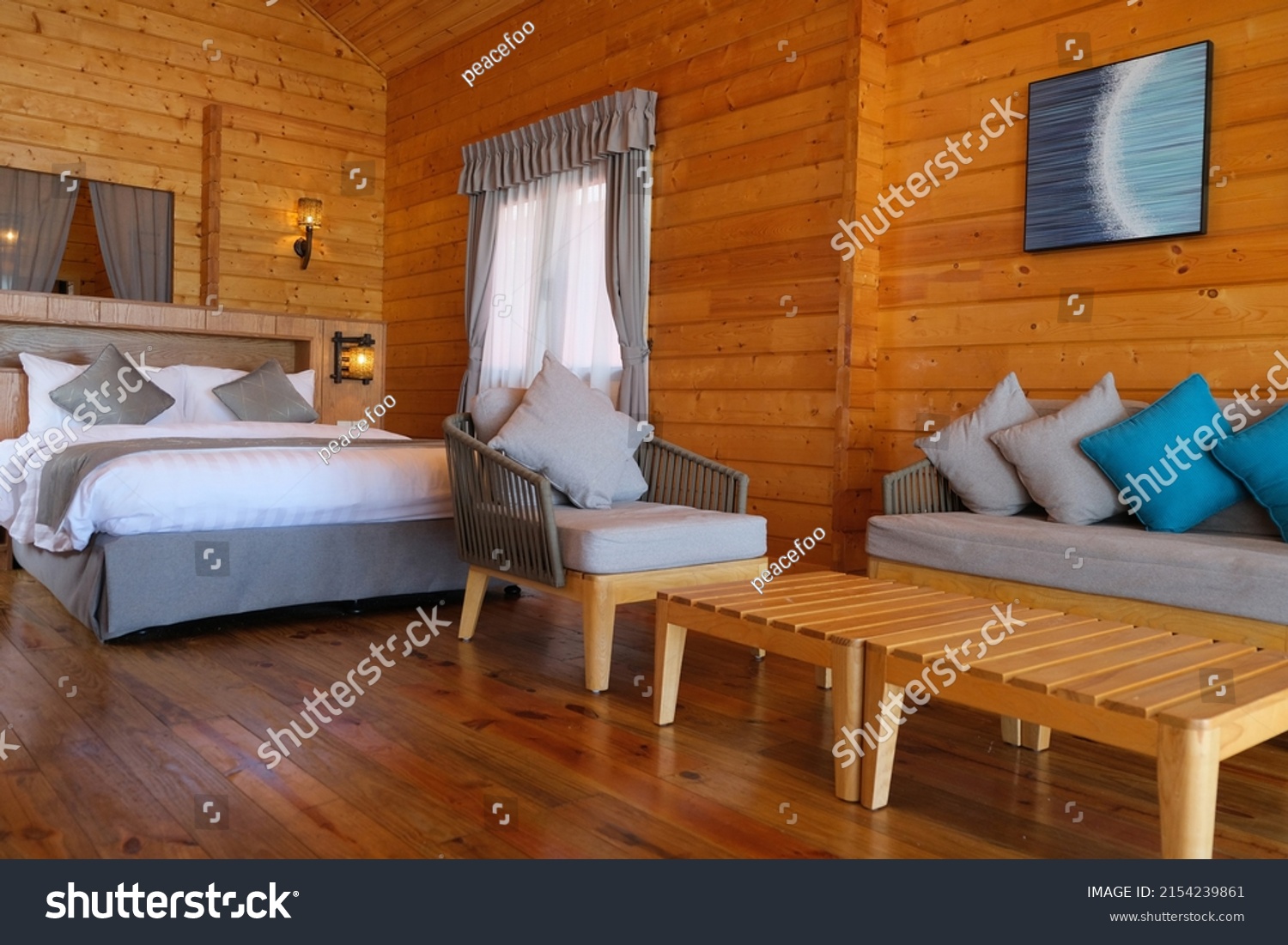 Stock Photo Sabah Malaysia Apr Beautiful Wooden Bedroom With Beach Theme Design 2154239861 