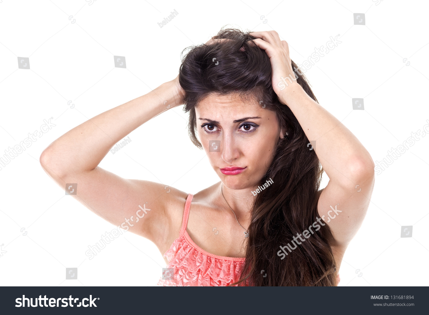 Sad Beautiful Woman, Portrait. Young Female Puts Her Head In Her Hands ...