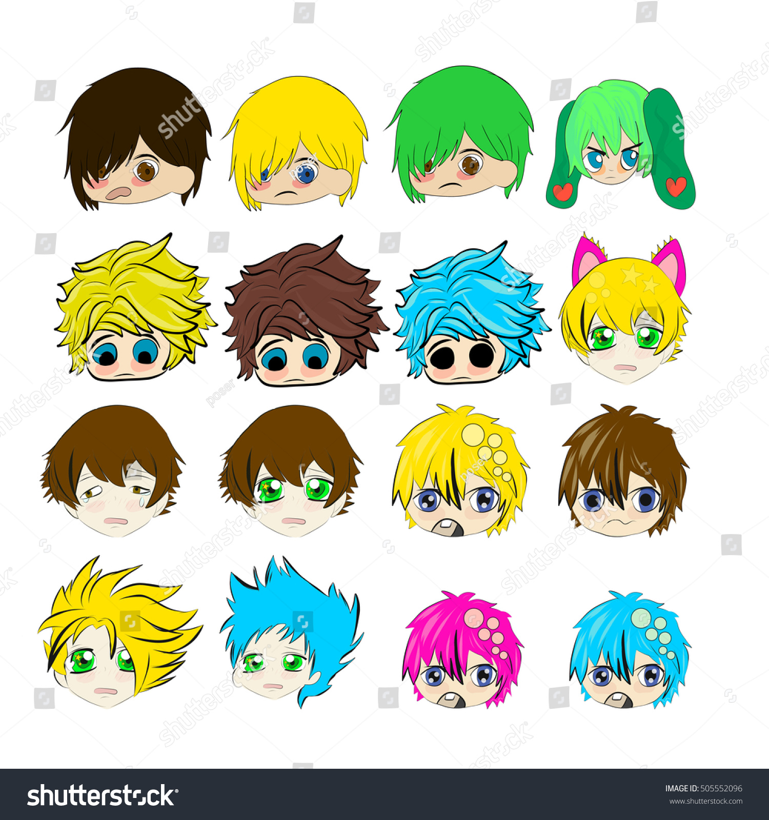Sad Crying Cute Anime Boys Faces Stock Illustration 505552096