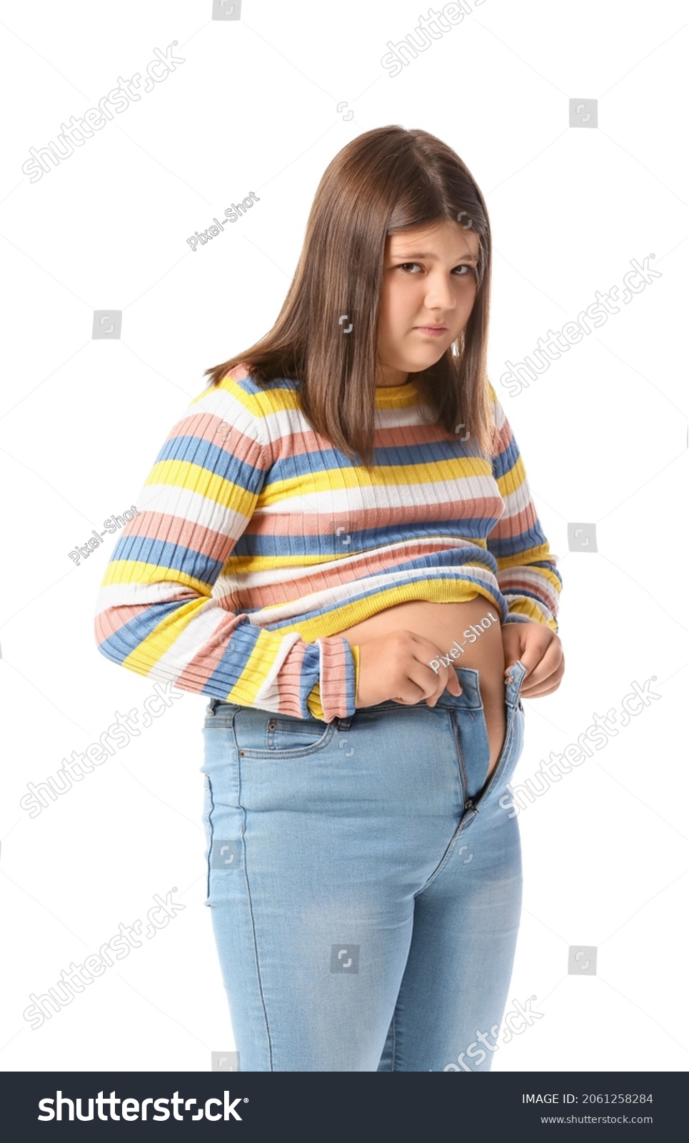 Stock Photo Sad Overweight Girl In Tight Clothes On White Background 2061258284 