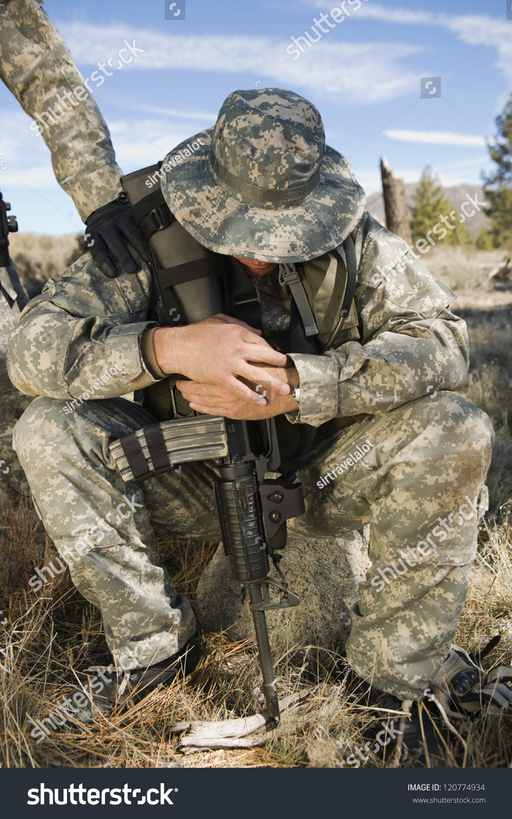 Sad Solider Sitting Gun Stock Photo 120774934 