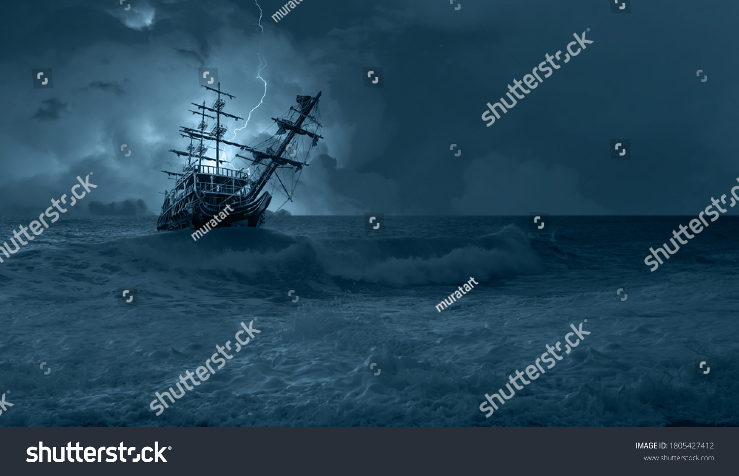 Sailing Old Ship Storm Sea On Stock Photo (Edit Now) 1805427412 ...