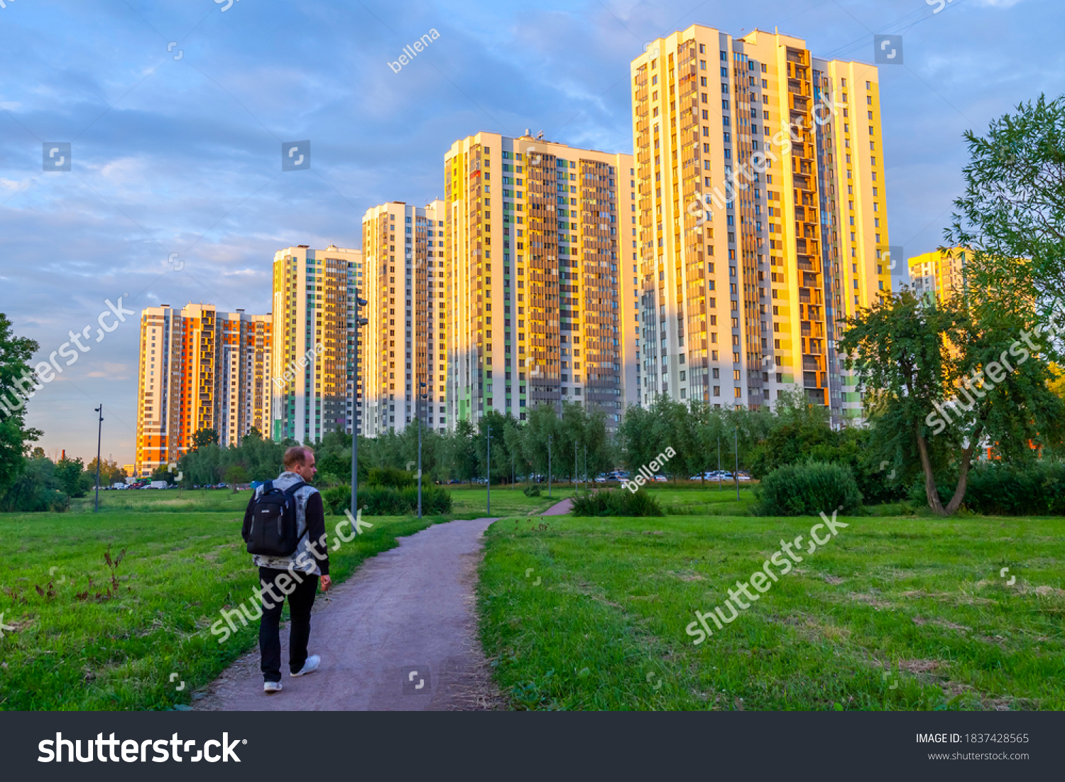 Saint Petersburg, Russia, June 13, 2020.  Multi-storey modern residential buildings at time of the white nights
