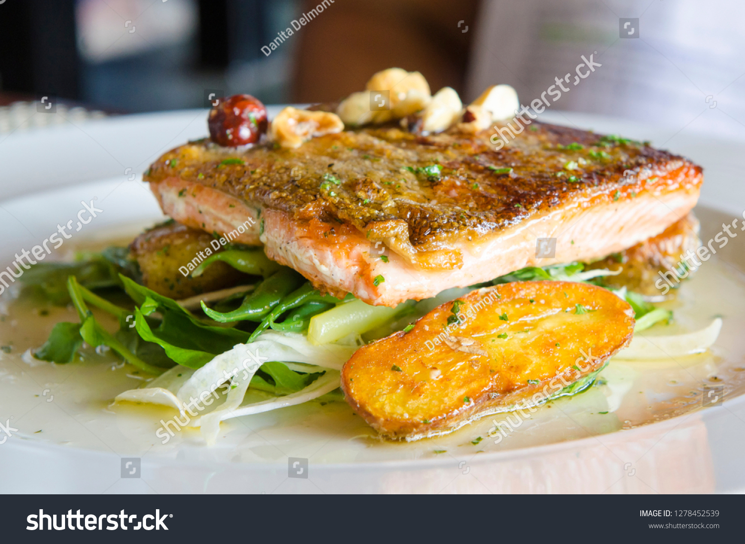 1 647 Canadian Seafood Images Stock Photos Vectors Shutterstock   Stock Photo Salmon Seafood Dish At Old Vines Restaurant And Wine Bar At Quails Gate Winery Kelowna British 1278452539 