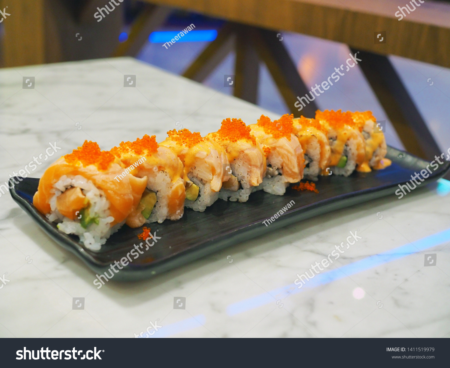 Spicy aburi salmon nigiri