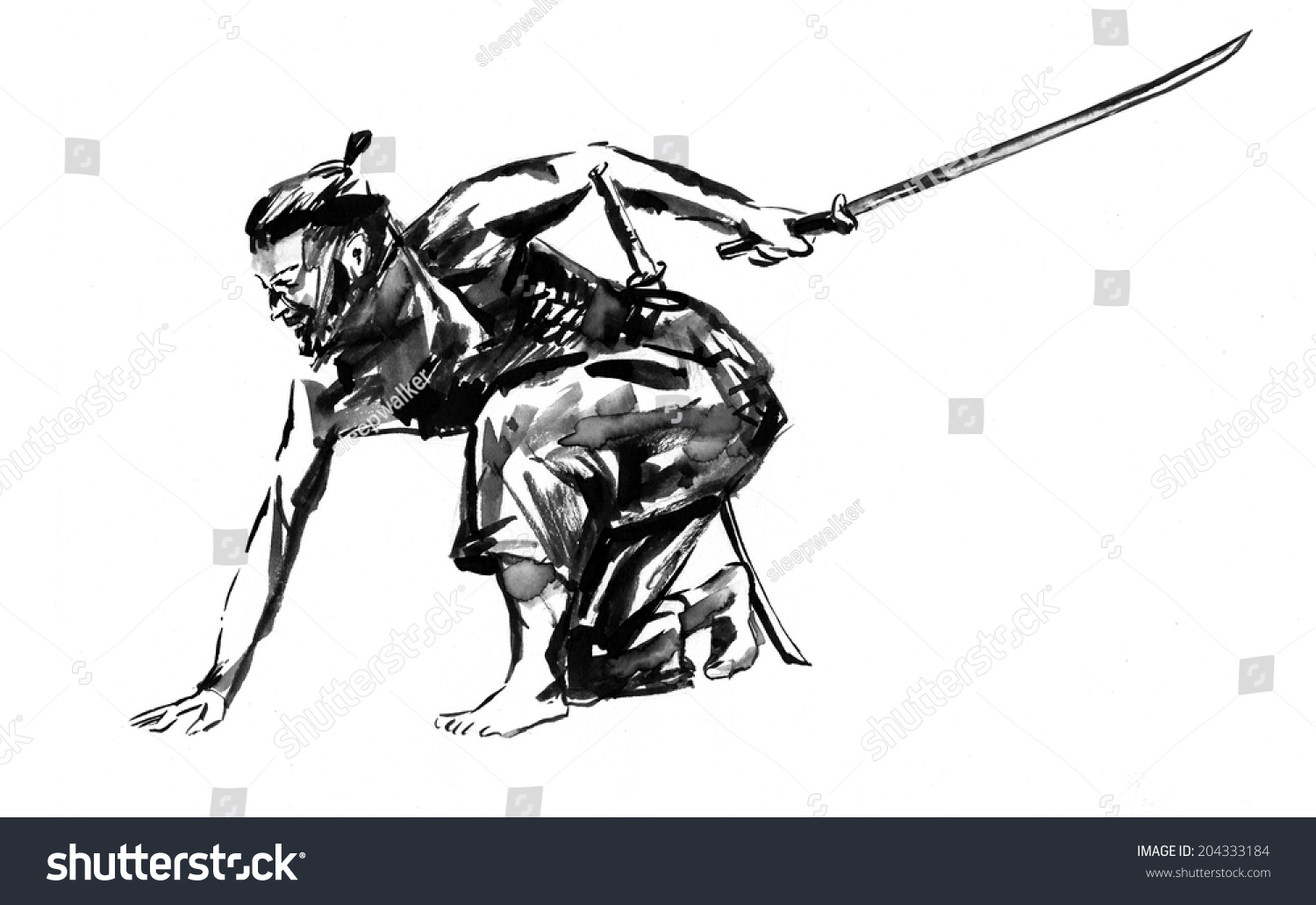 Samurai. Japanese Man With A Sword In His Hand. Ink On Paper Drawing ...