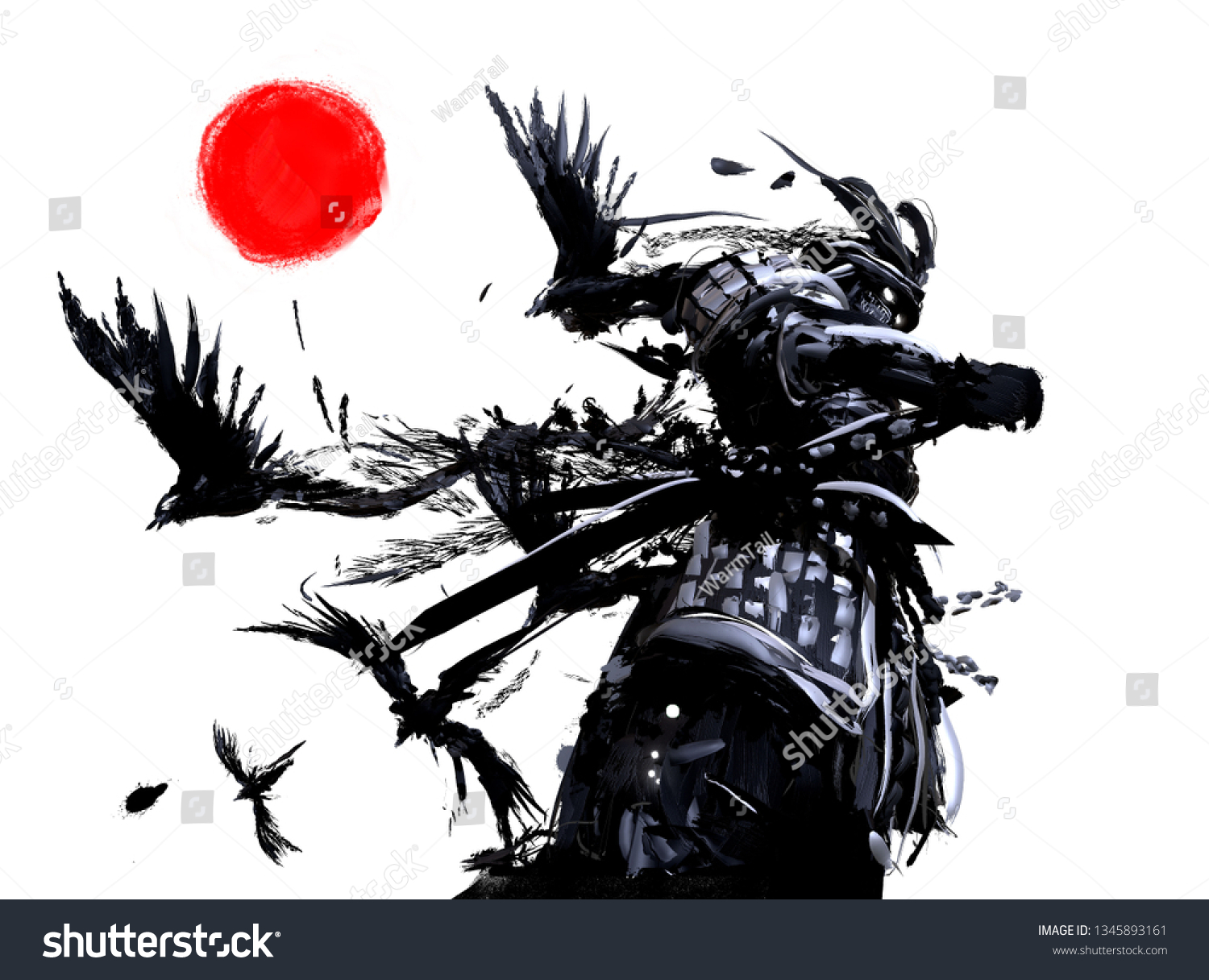 白空に赤い太陽を背にして武士は烏の群れを飛ばす のイラスト素材 白空に赤い太陽を背にして武士は烏の群れを飛ばす のイラスト素材