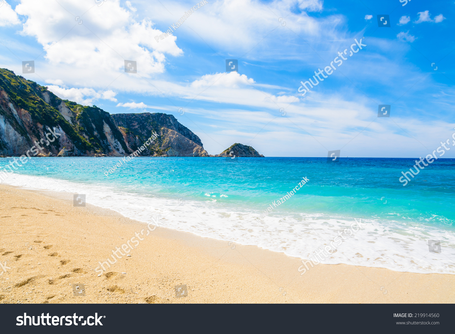 Sandy Beach And Azure Sea Water In Petani Bay, Kefalonia Island, Greece ...