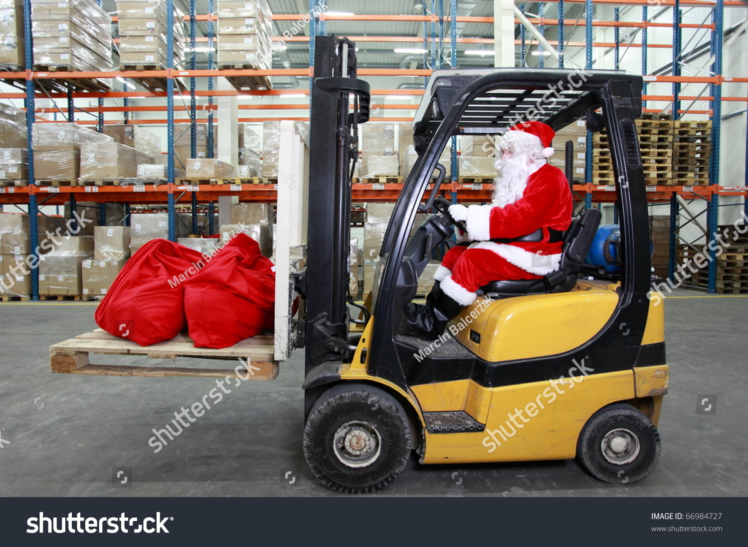 Santa Claus Forklift Operator Work Warehouse Stock Photo Edit Now 66984727
