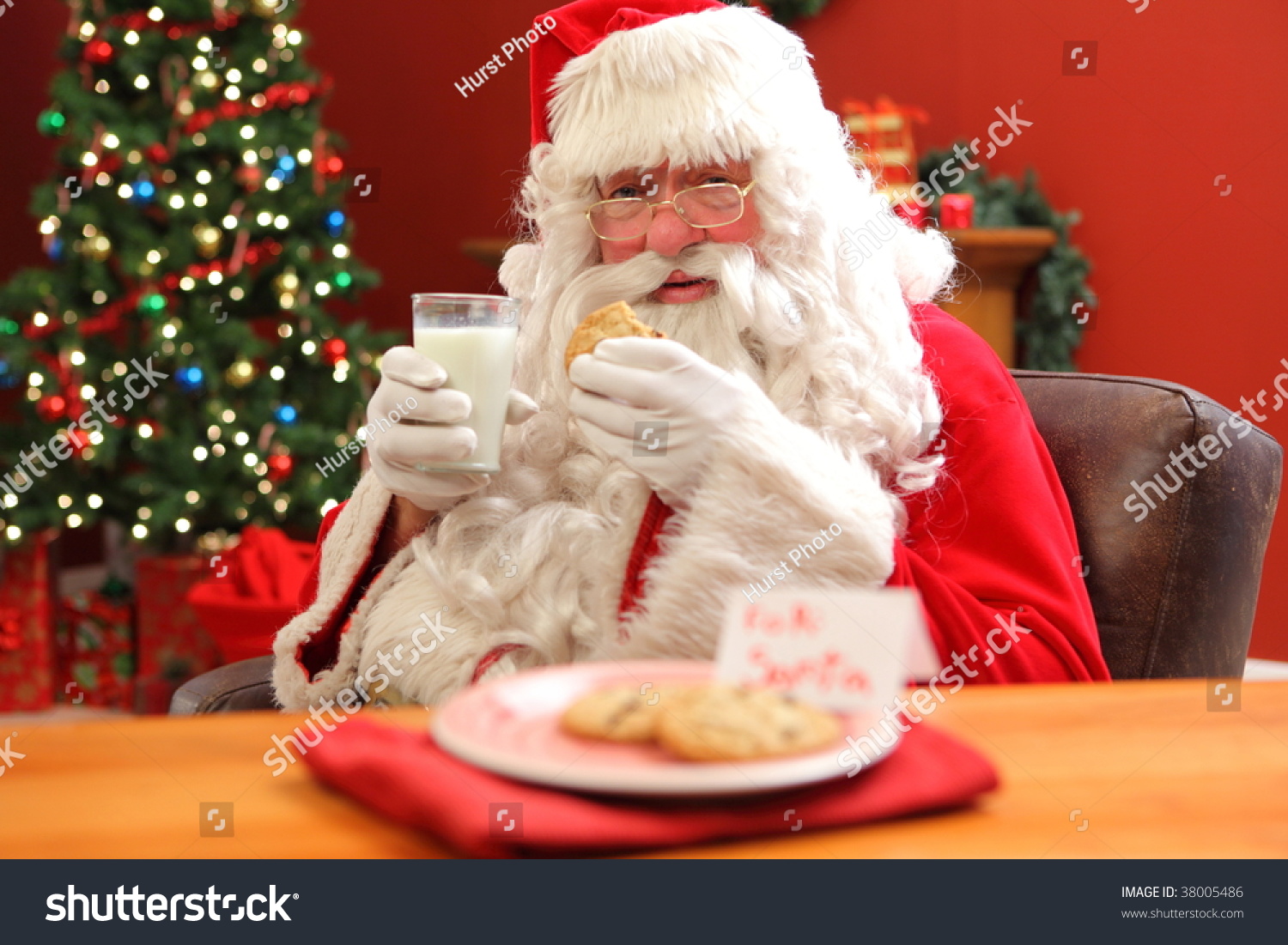 Santa Claus Eating Cookies Glass Milk Stock Photo 38005486 