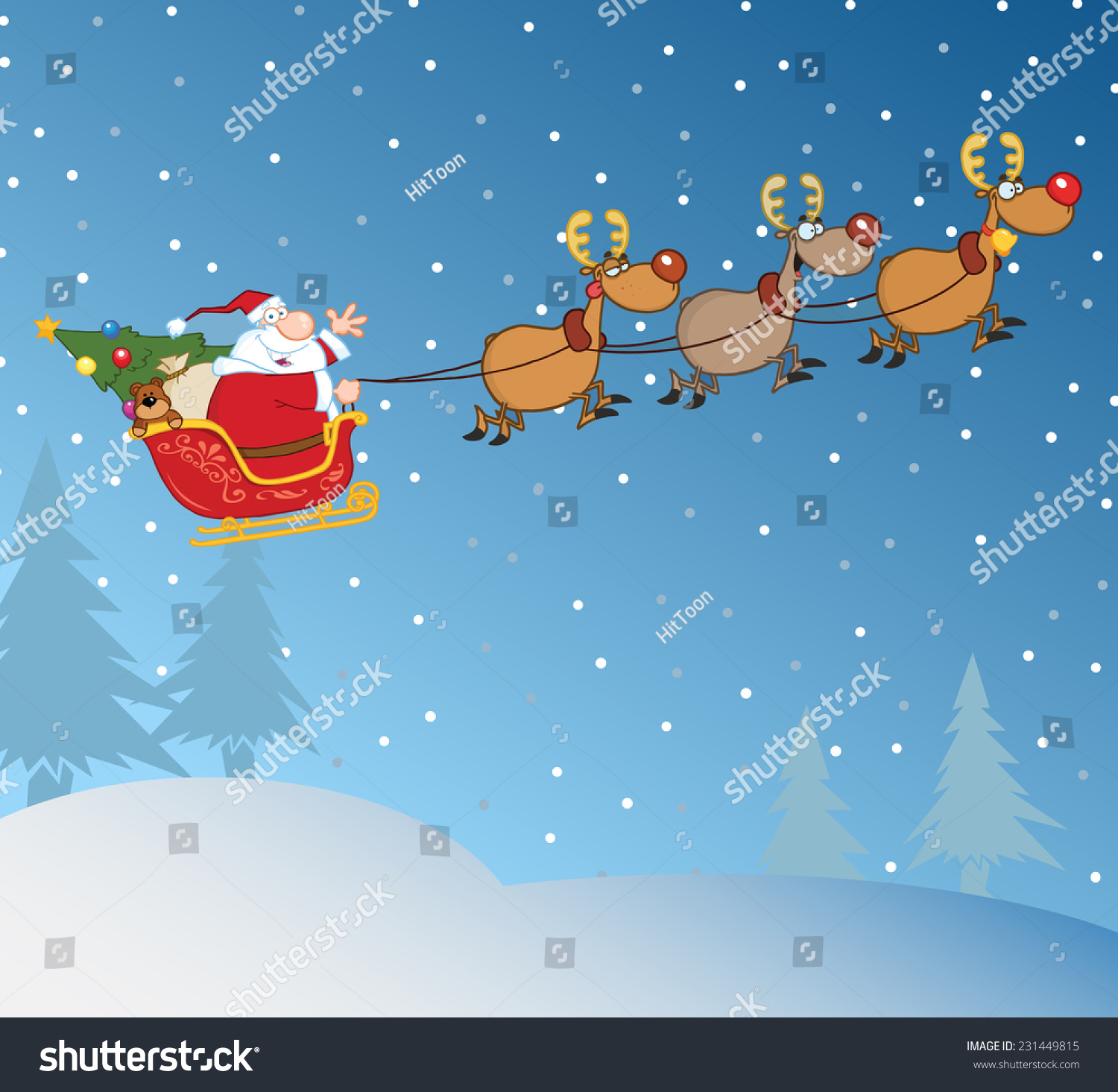 Santa Claus Flight His Reindeer Sleigh Stock Illustration 231449815 ...