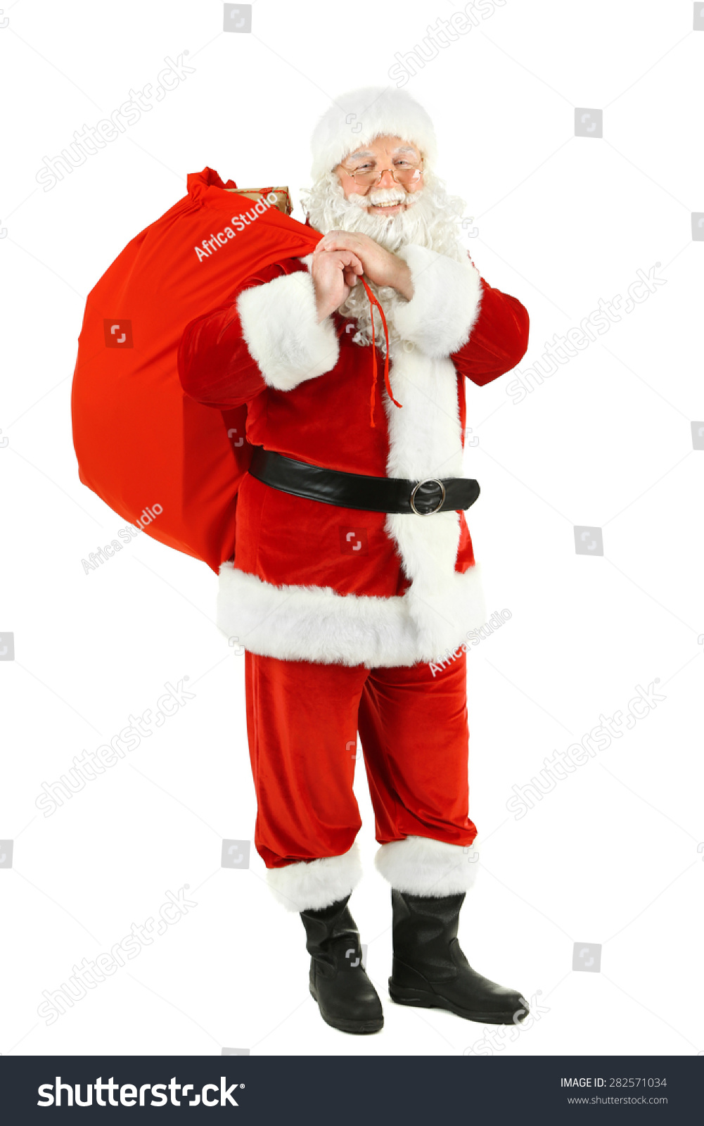 Santa Claus With Bag, Filled Gift Boxes Isolated On White Background ...