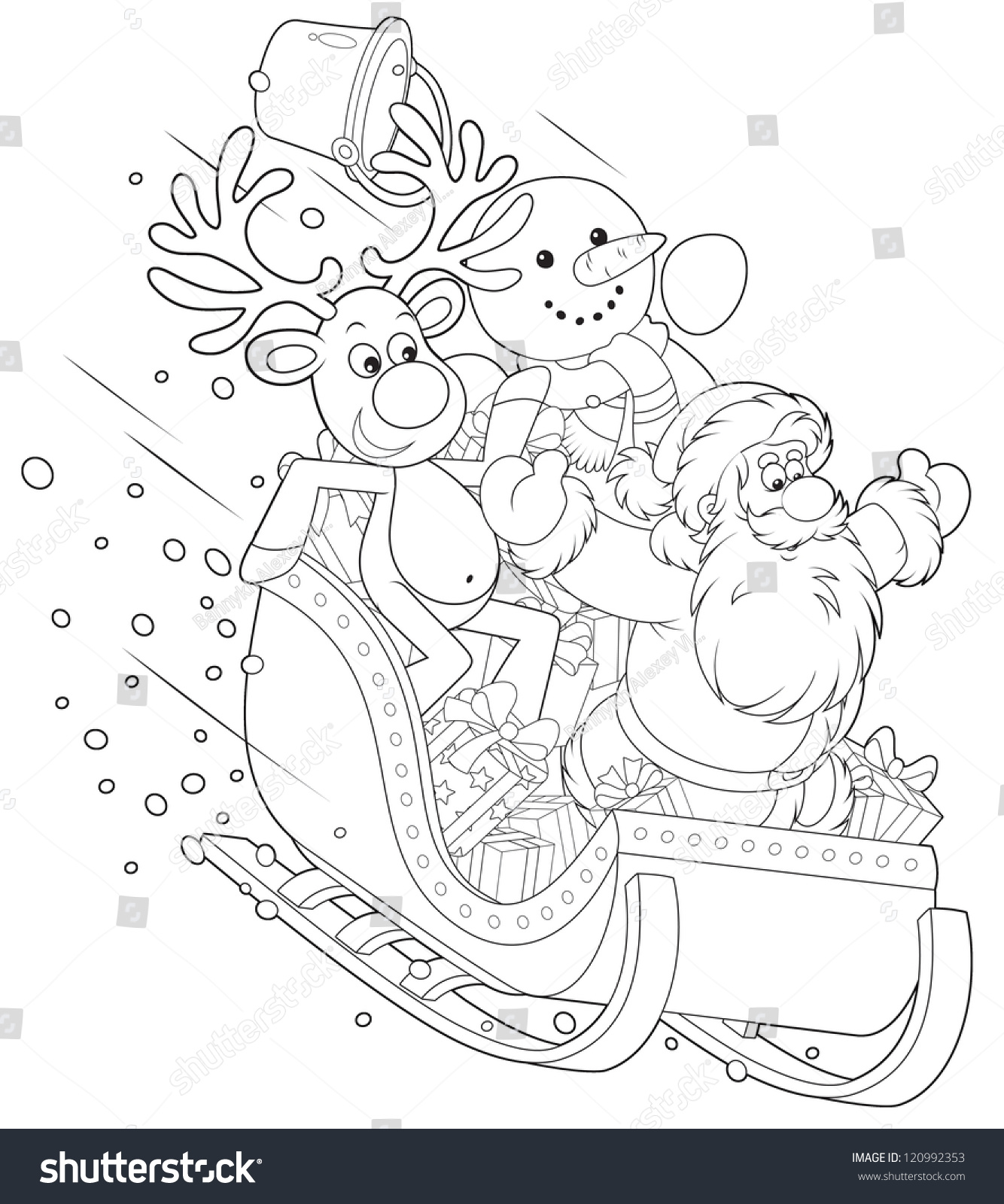 Santa Claus With Reindeer And Snowman Slide Down In A Sleigh With ...