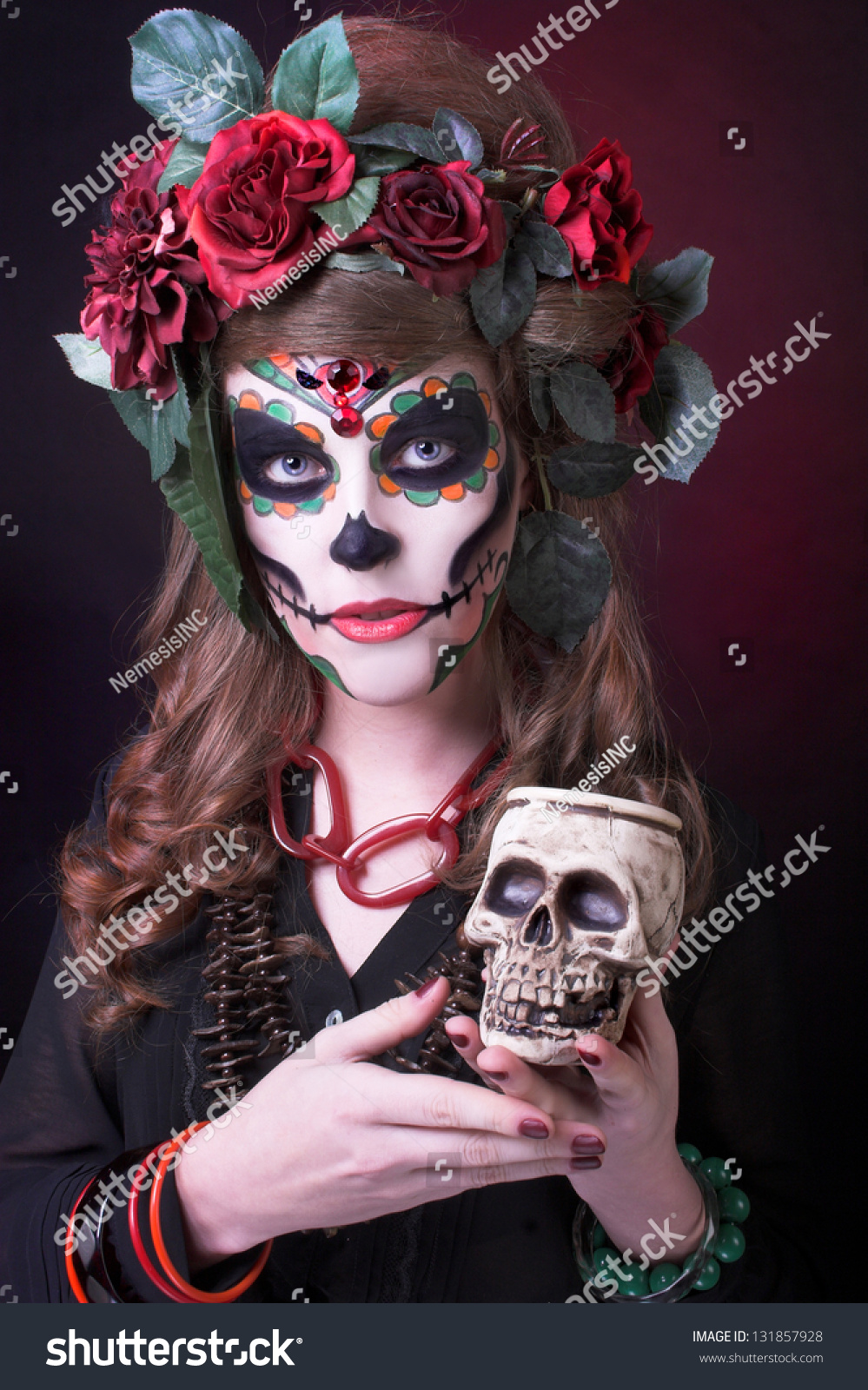 Santa Muerte. Young Woman With Artistic Visage And With Roses In Her ...