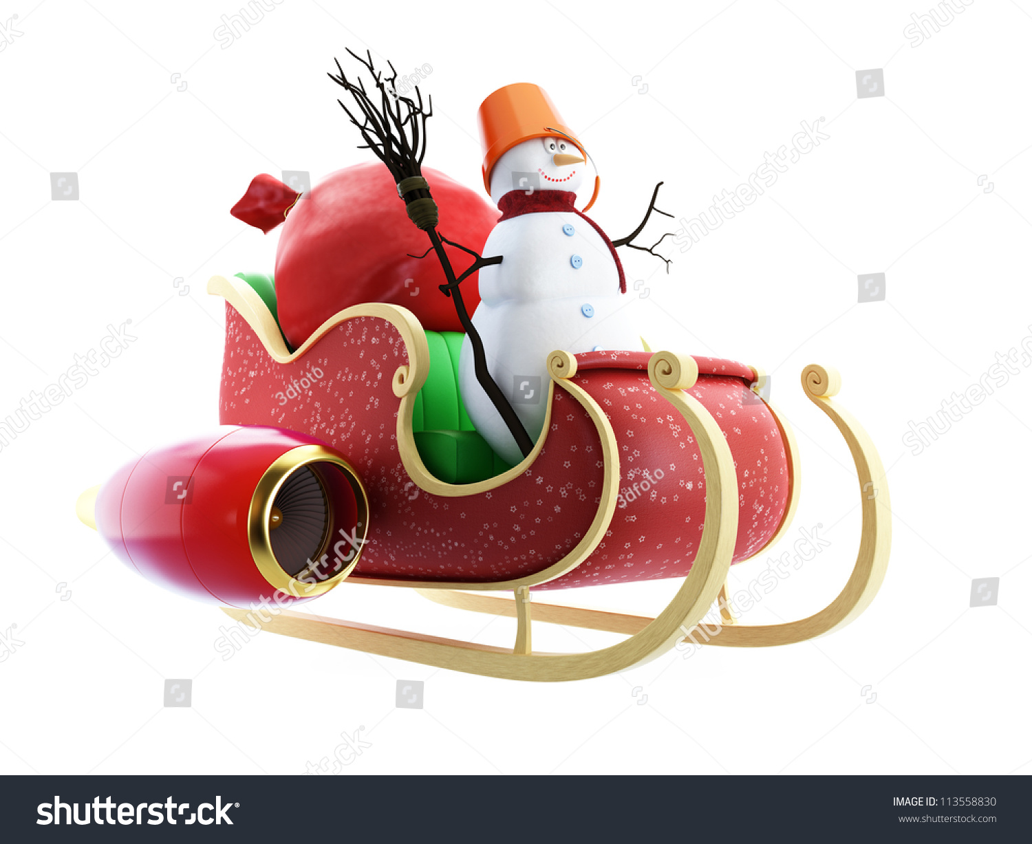 Santa Sleigh And Santa'S Sack With Gifts Snowman On White Background ...