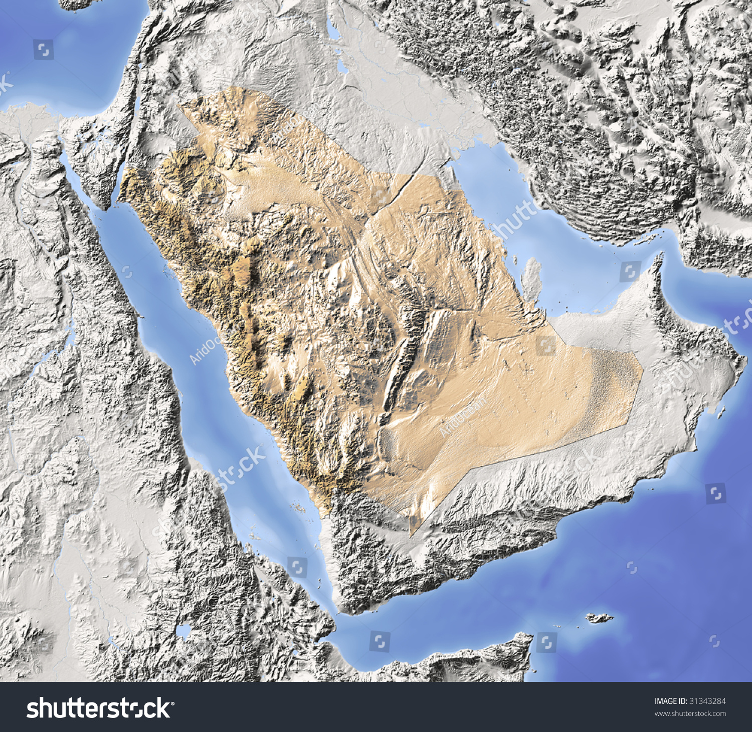 Saudi Arabia. Shaded Relief Map. Surrounding Territory Greyed Out ...