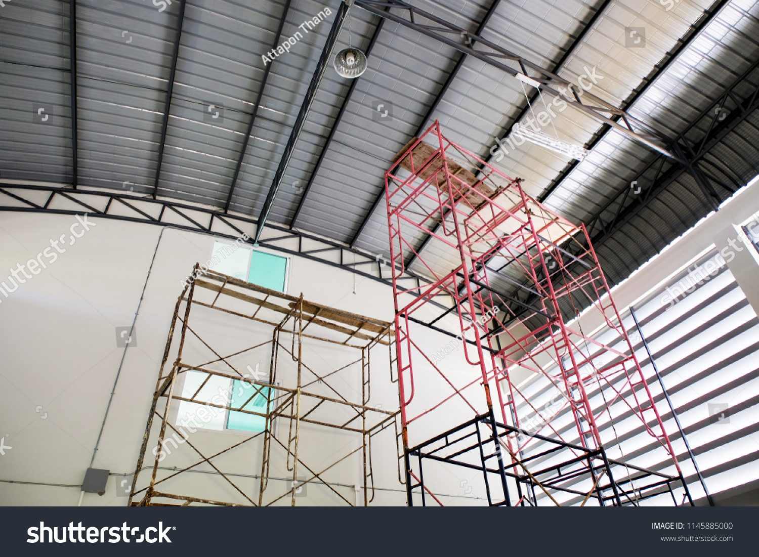 Scaffolding Replacing Light Bulbs High Roofing Stock Image