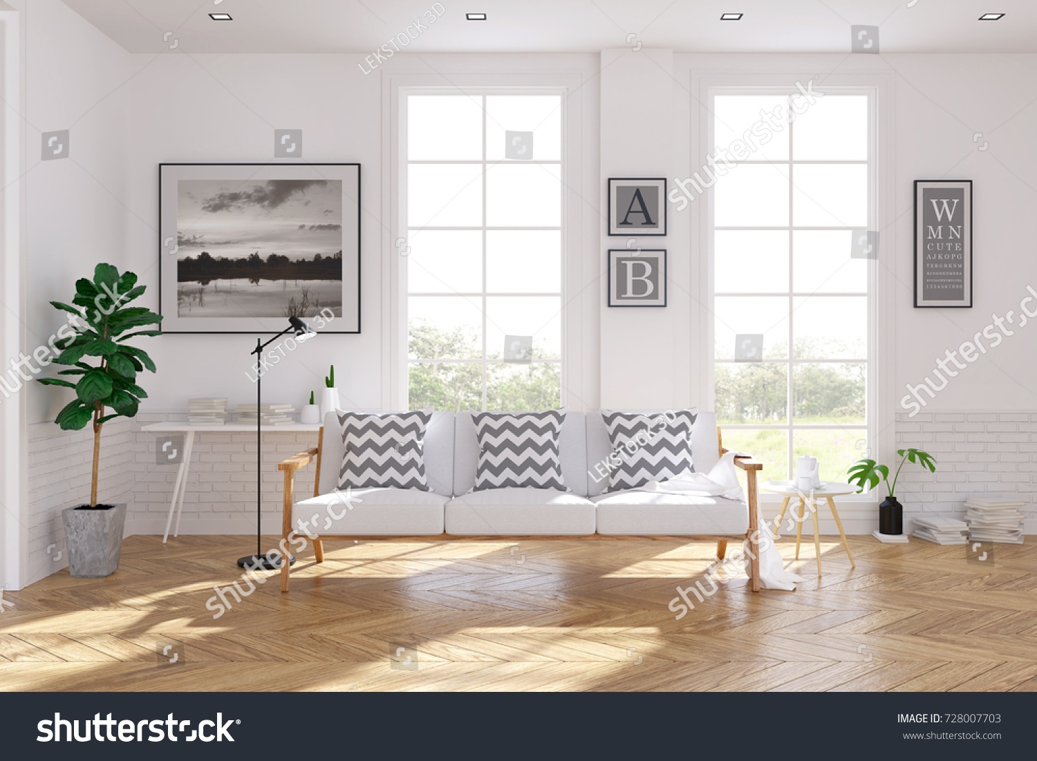 Scandinavian Living Room Interior Design White Stock Illustration
