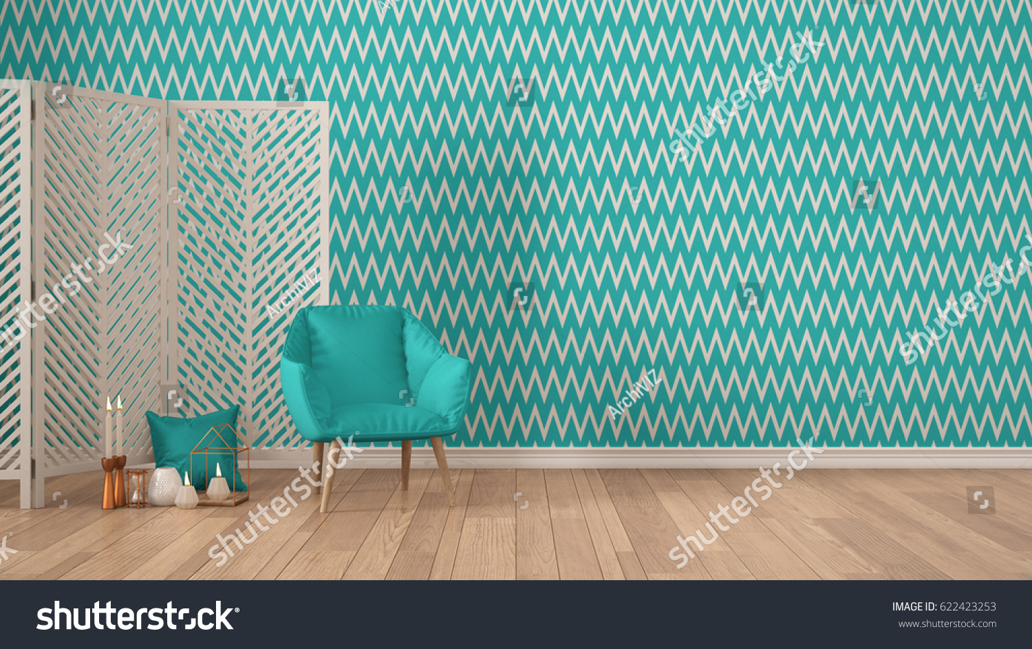 Scandinavian minimalist colorful background with armchair, screen, candles and decor on parquet flooring, turquoise herringbone wallpaper, living room interior design, 3d illustration