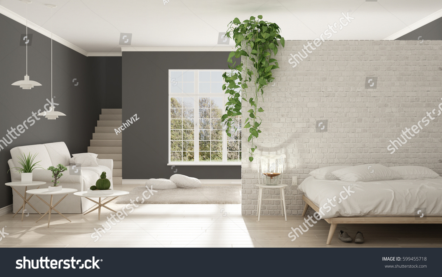 Scandinavian White Gray Minimalist  Living Bedroom  Stock 