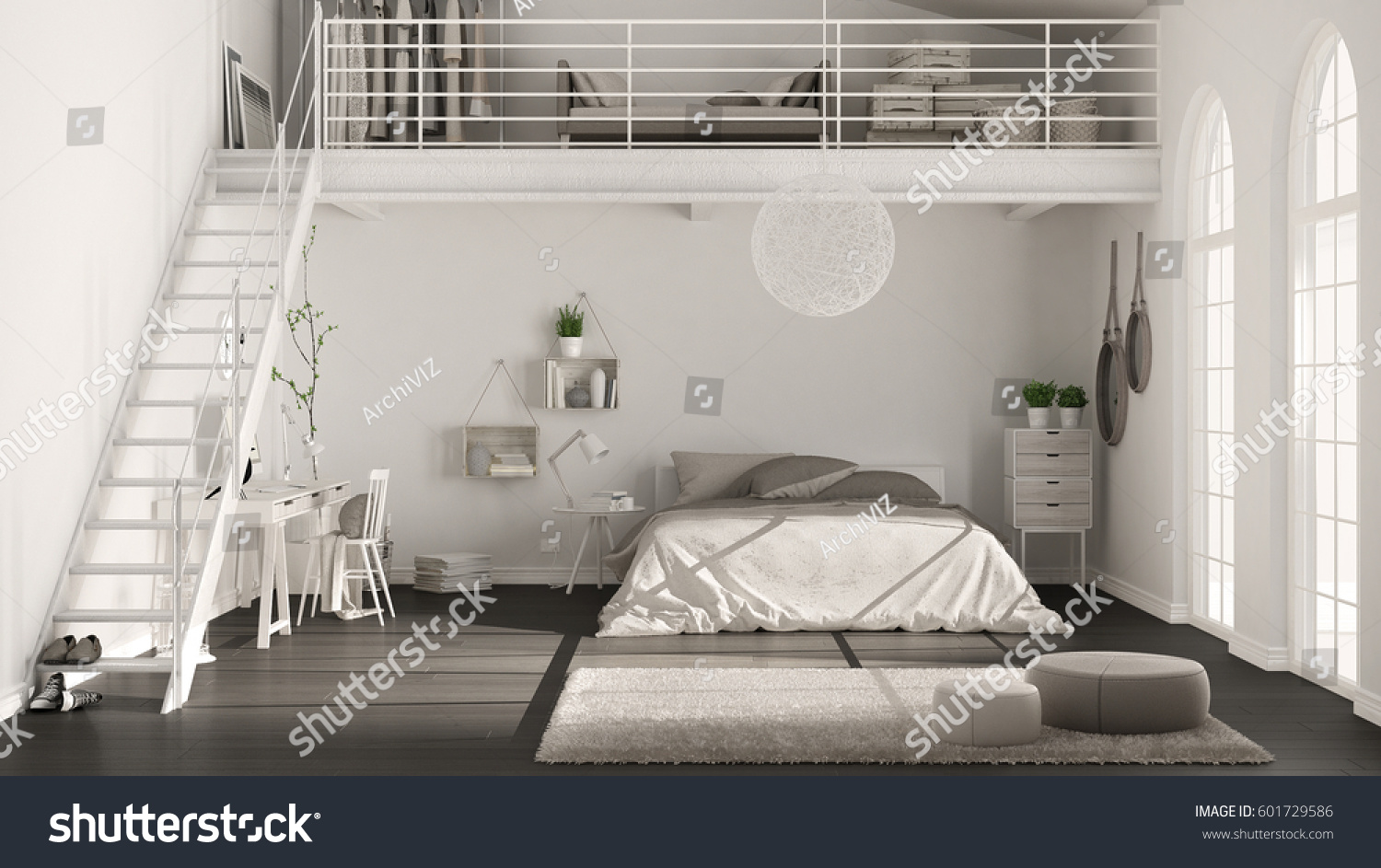 Scandinavian White Minimalist Loft Bedroom Home Stock Illustration ...