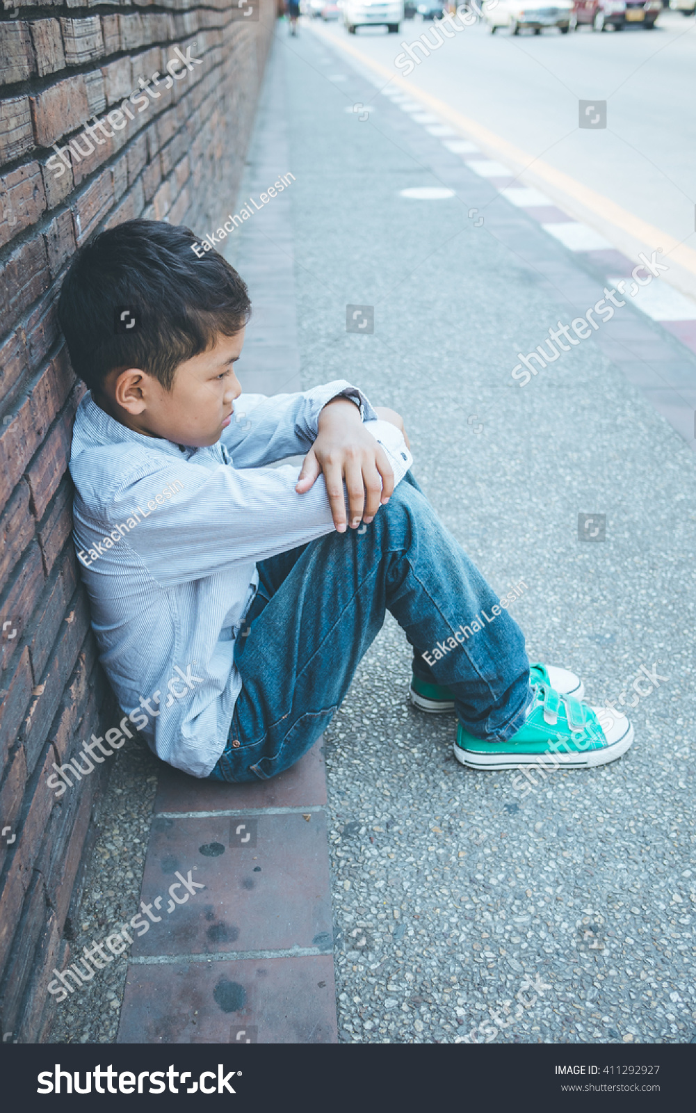 Scared Alone Young Homeless Asian Child Stock Photo 411292927 ...