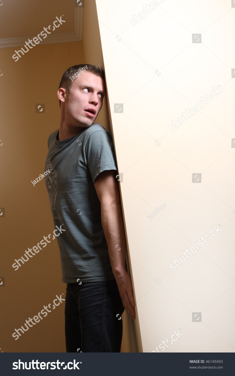 Scared Man Looking Around Corner Stock Photo 46149493 : Shutterstock