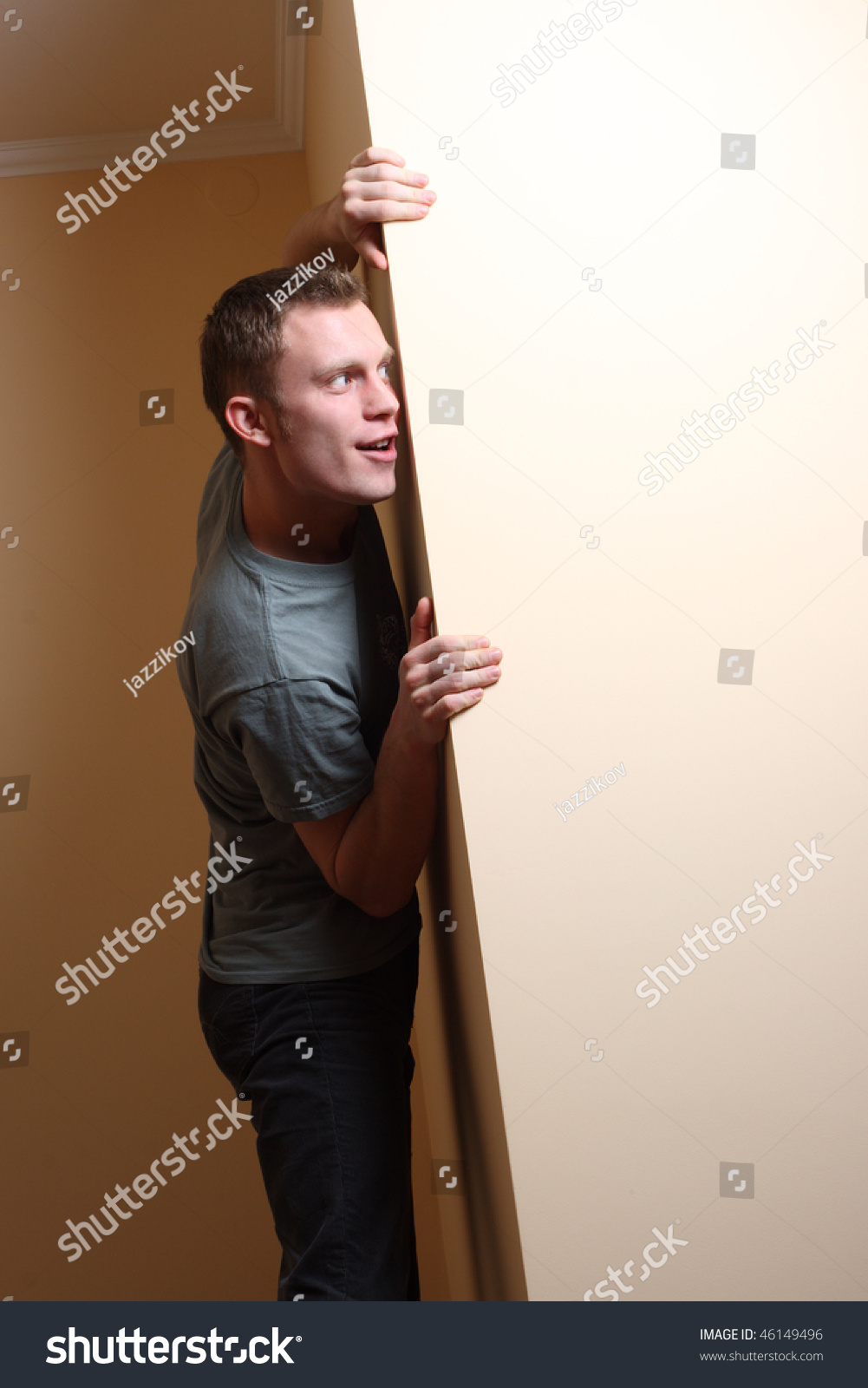 Scared Man Looking Around Corner Stock Photo 46149496 : Shutterstock