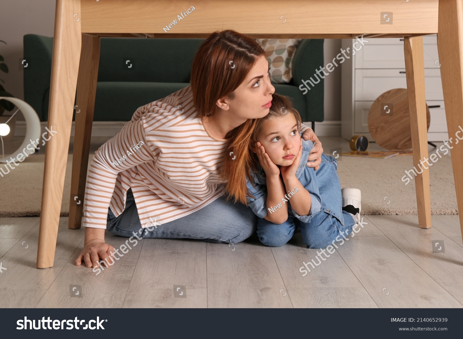 Scared Mother Her Little Daughter Hiding Stock Photo 2140652939 ...