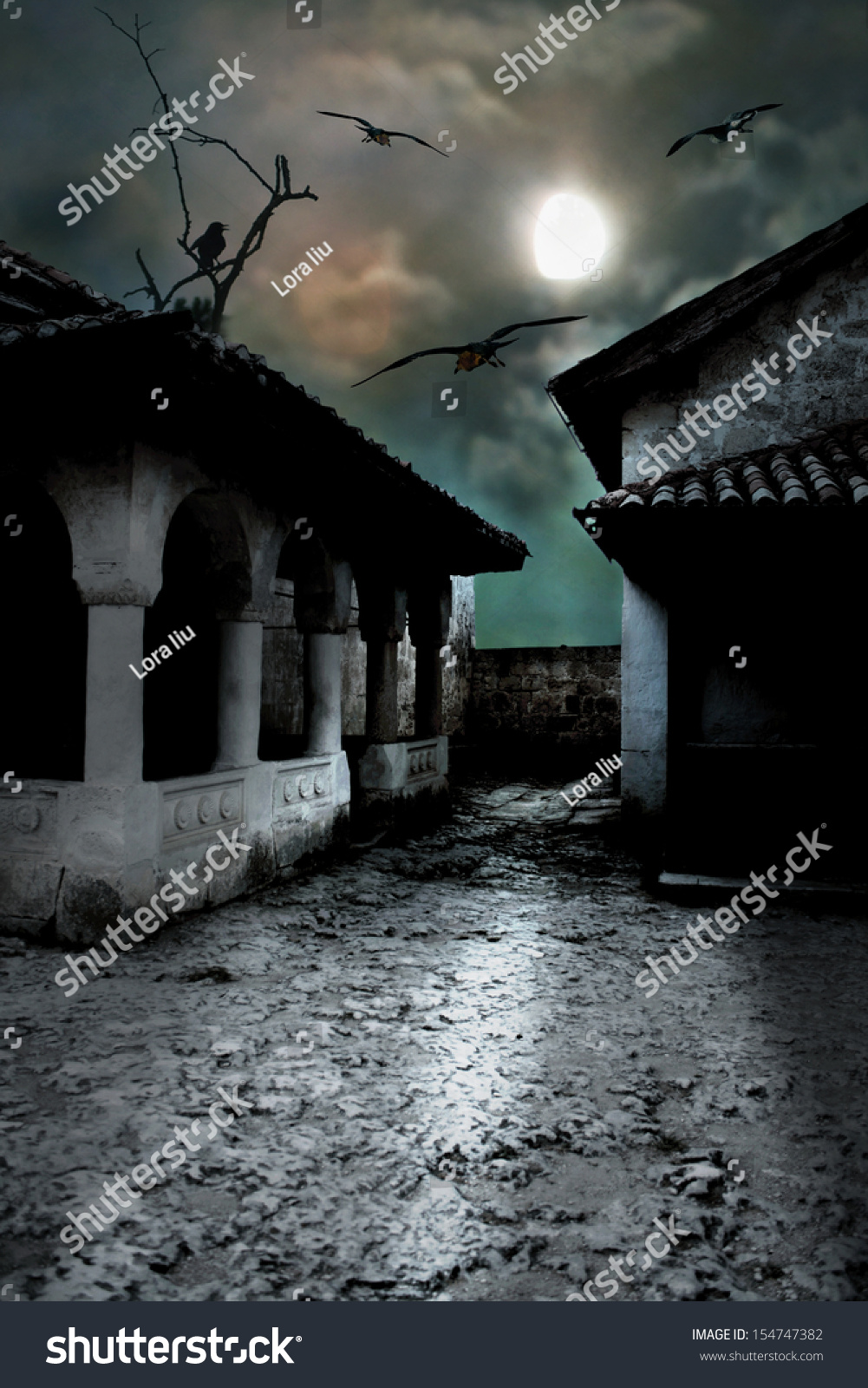 Scary Dark Courtyard In The Ominous Moonlight Night In A Cold Halloween ...