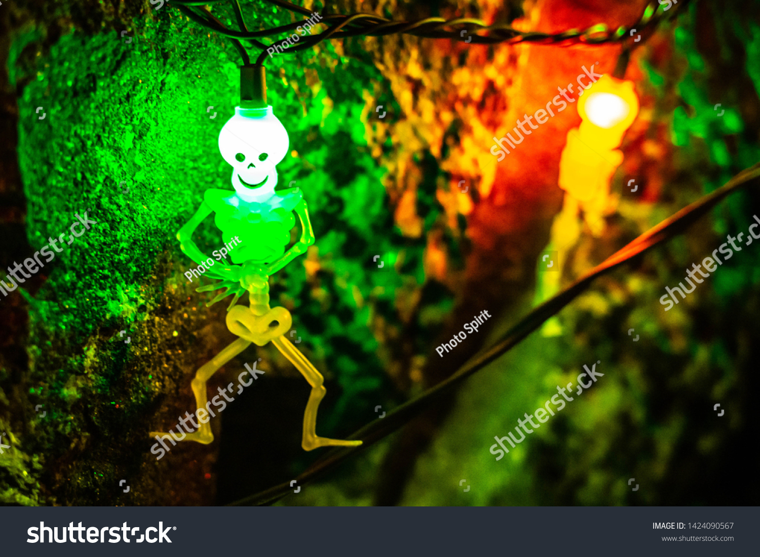 Scary Halloween Decorations Outdoors Night Lighted Stock Photo