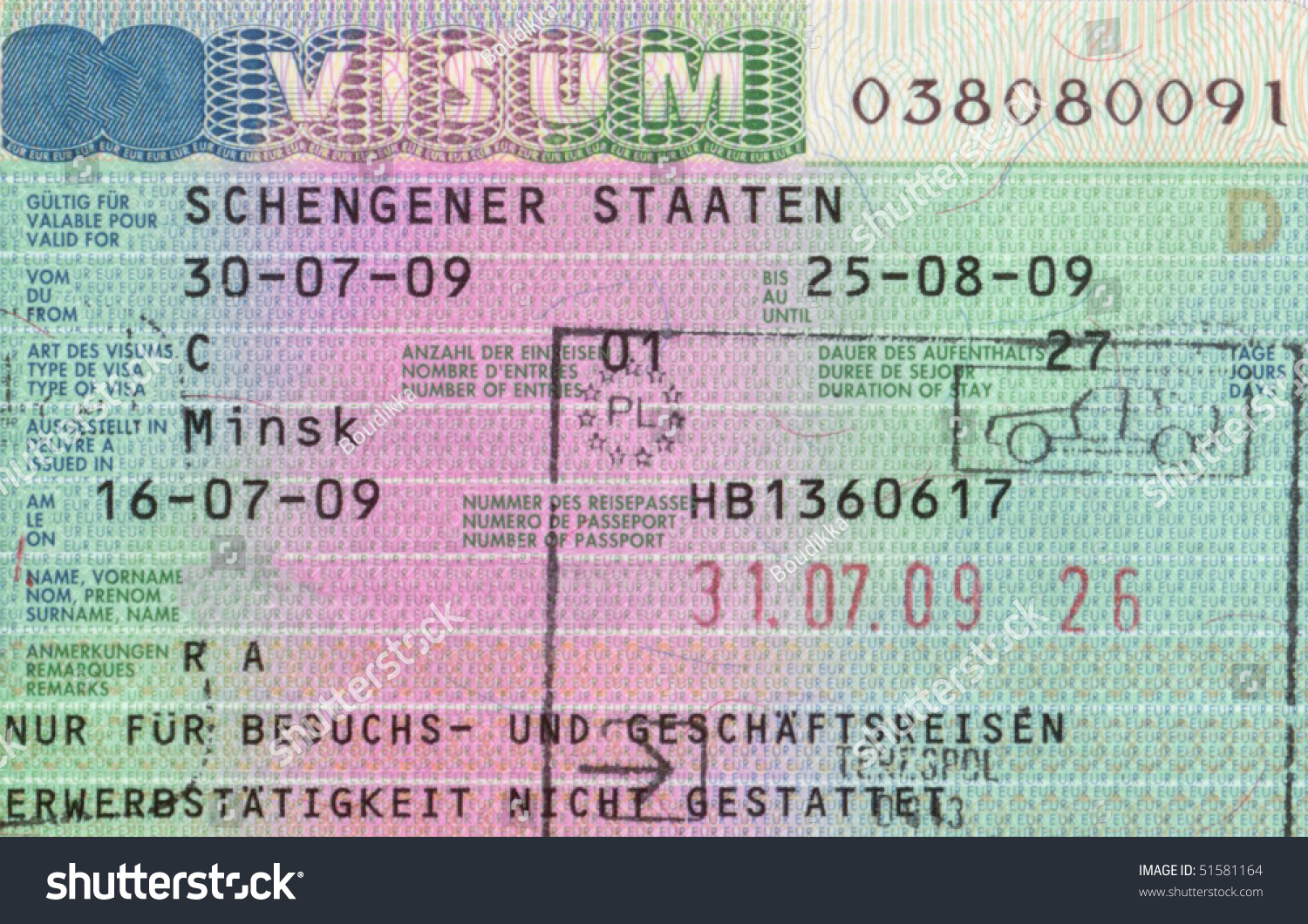 Schengen Visa In Passport And Polish Customs Stamp Stock Photo 51581164 ...