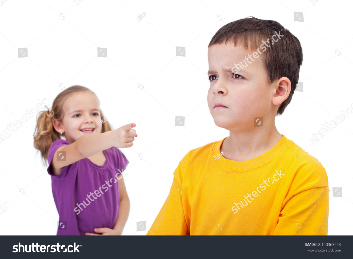 School Bullying Concept With Girl Mocking A Sad Boy - Isolated Stock ...