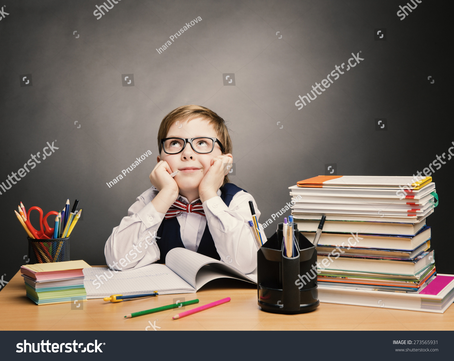 School Child Boy In Glasses Think In Classroom, Kid Primary Students ...