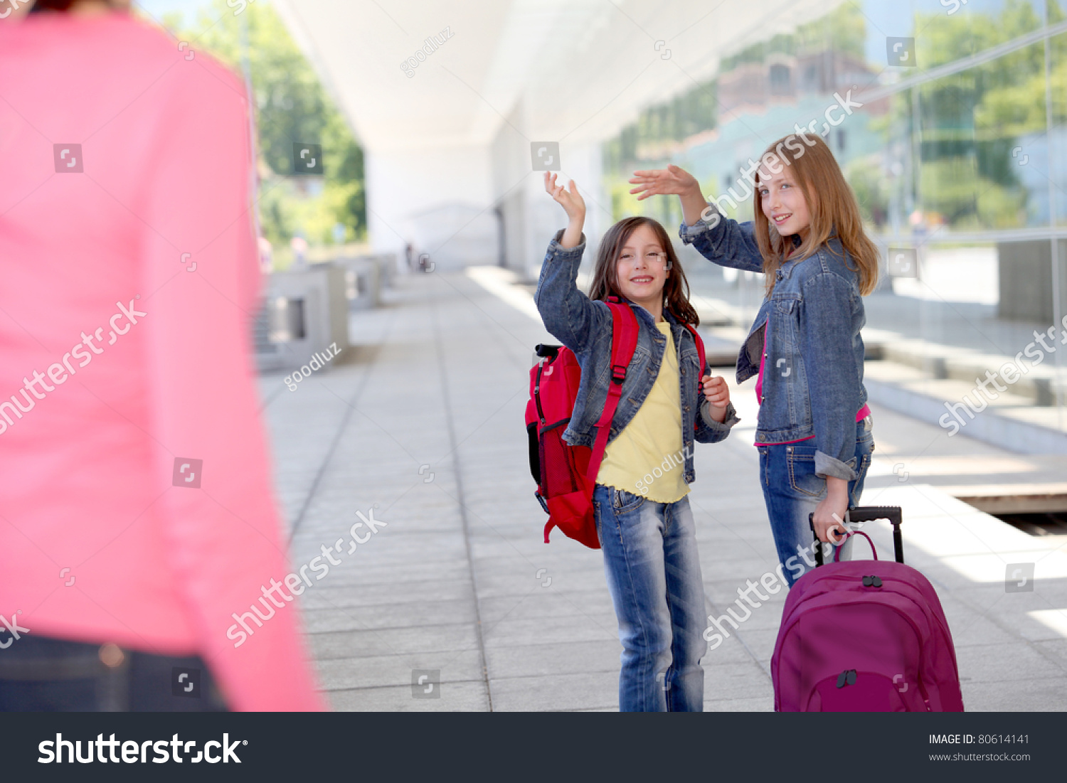 School Girls Waving Goodbye Their Mother Stock Photo 80614141 ...