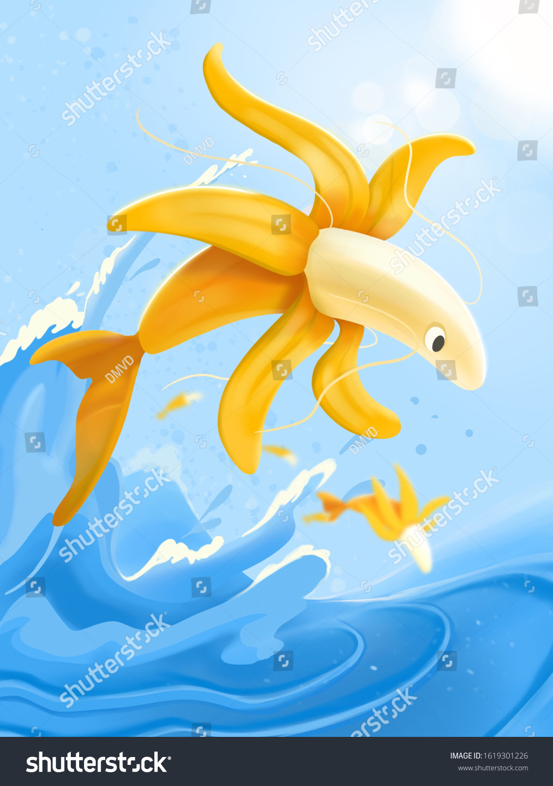 School Banana Fish Jumping Out Sea Stock Illustration