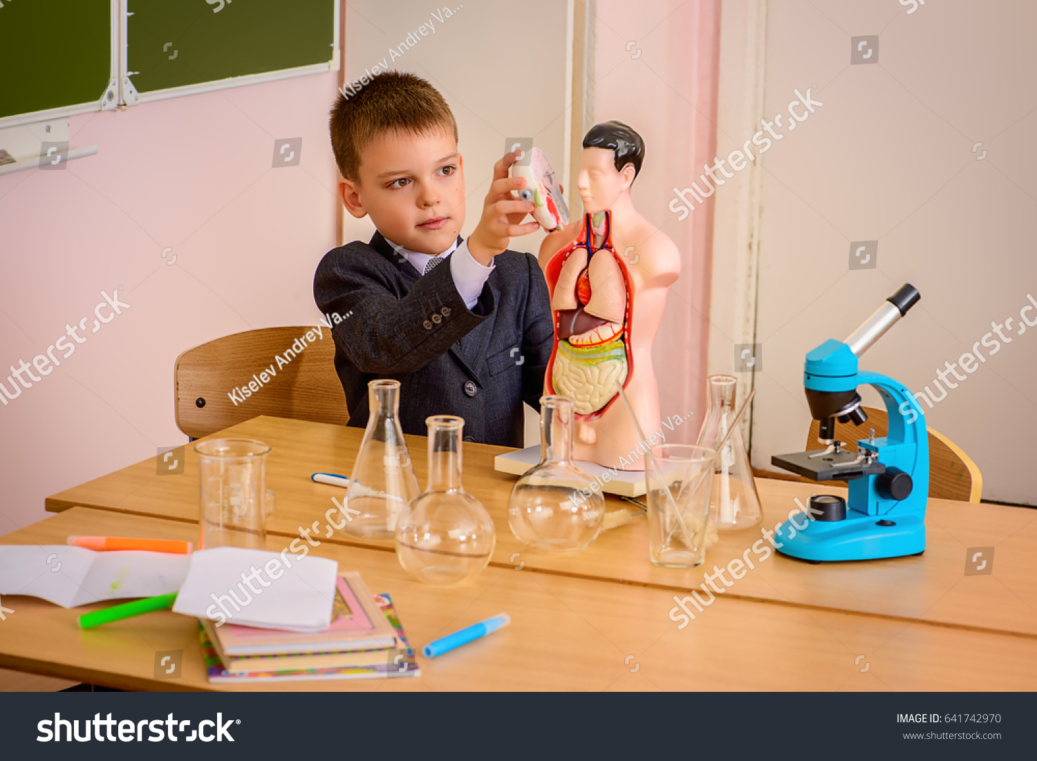 Coral Classic  Template Design Featuring Schoolboy Looking in the Microscope