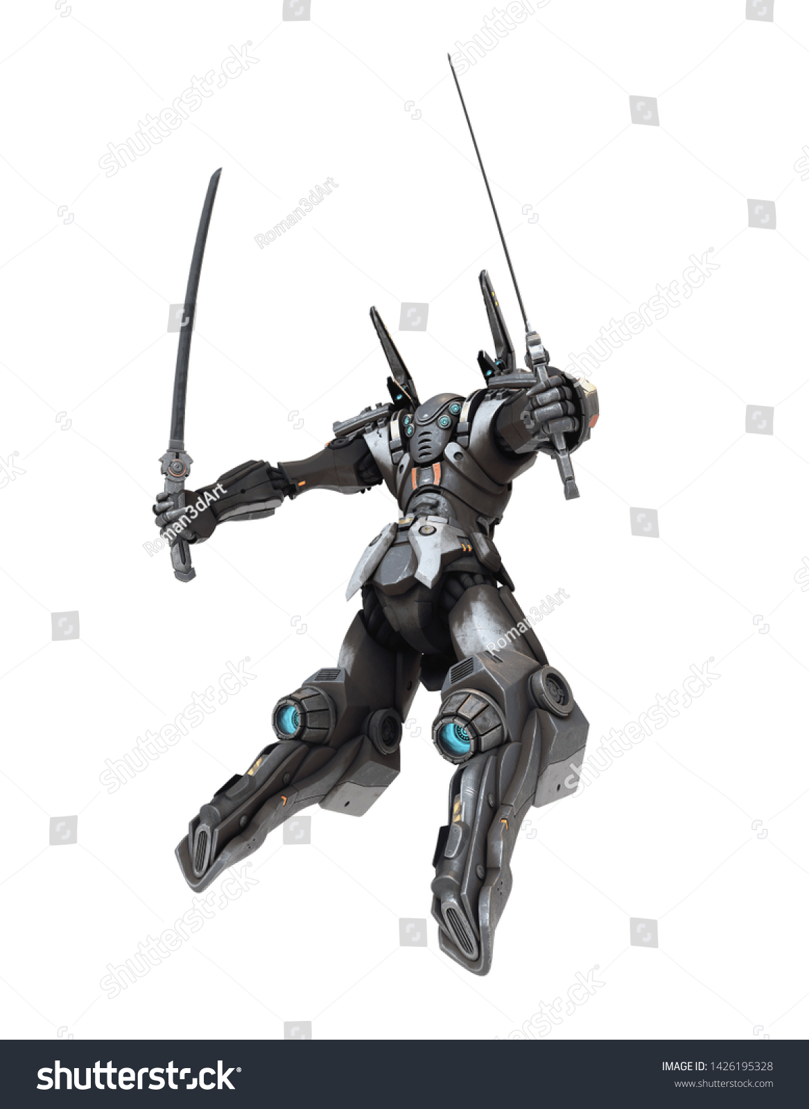 2本の刀を持つsfのメッチ戦士 飛び跳ねるポーズを取る 白とグレーの色で金属を引っ掻いた未来的なロボット メッチバトル 白い背景に3dレンダリング の イラスト素材