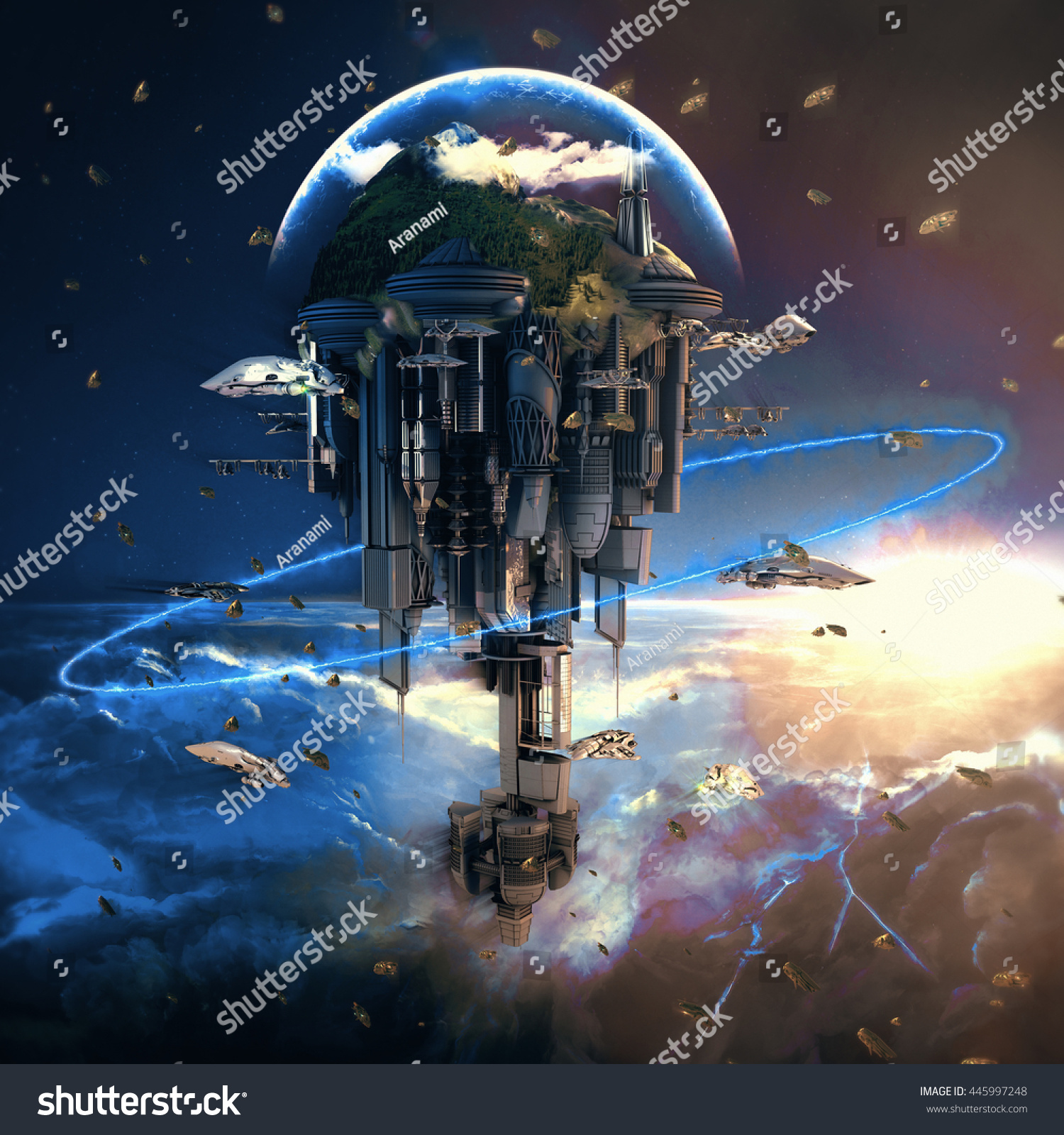 sciencefiction city giant skyscrapers flying spaceshipsのイラスト