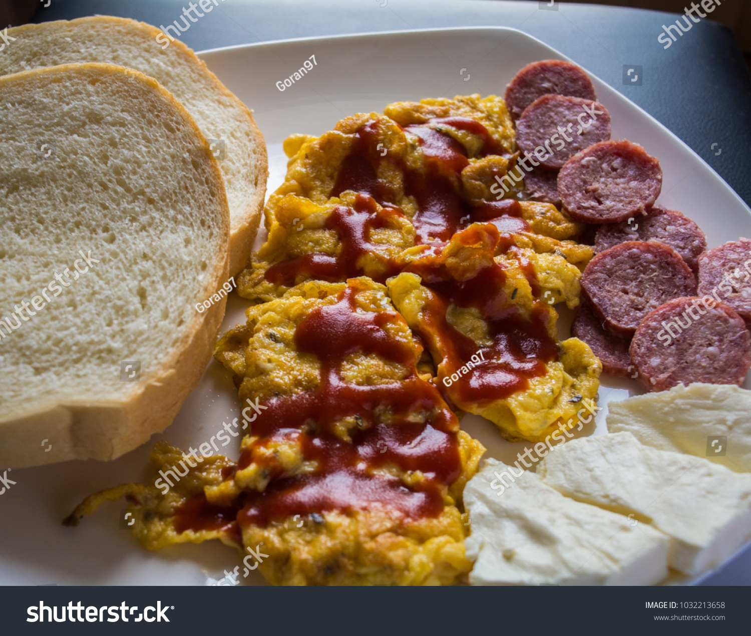 Scrambled Eggs Ketchup Bread Salami Cheese Stock Photo Edit Now